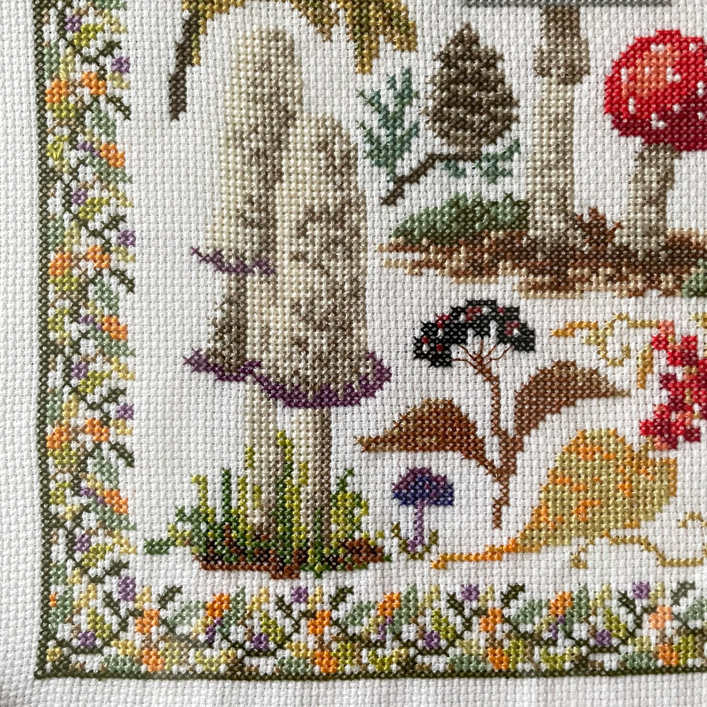 Vintage framed cross-stich embroidery or needlework of woodland forest toadstools/mushrooms/fungi and berries - Moppet