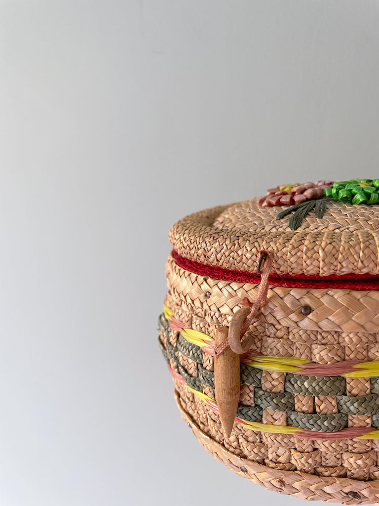 Vintage spring / Easter floral woven straw basket, formerly a sewing basket - Moppet
