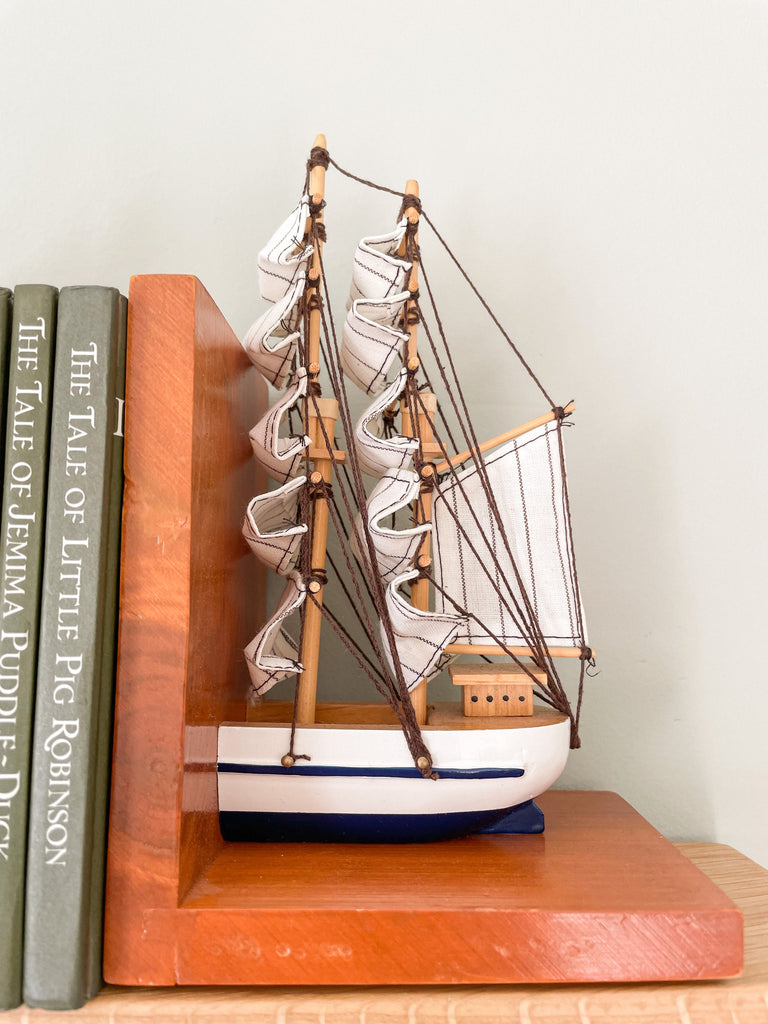 Pair of vintage wooden model sailing ship bookends - Moppet