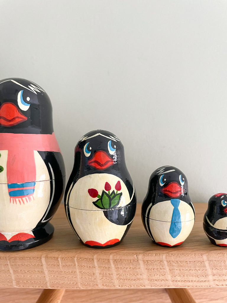 Vintage wooden nesting penguins Russian Matryoshka dolls - Moppet