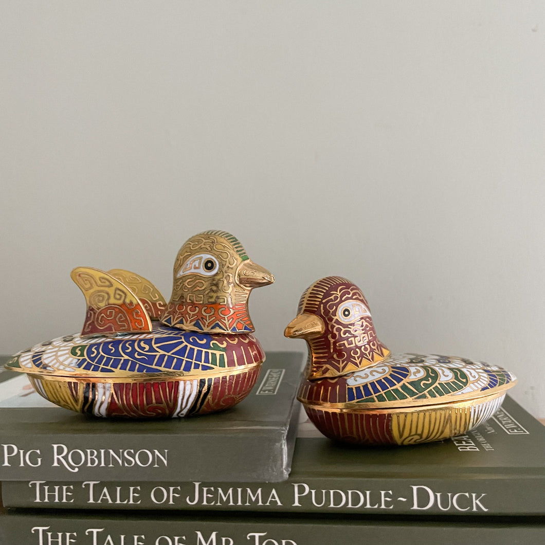 Vintage Chinese brass and enamel cloisonné bird or duck trinket box pair - Moppet