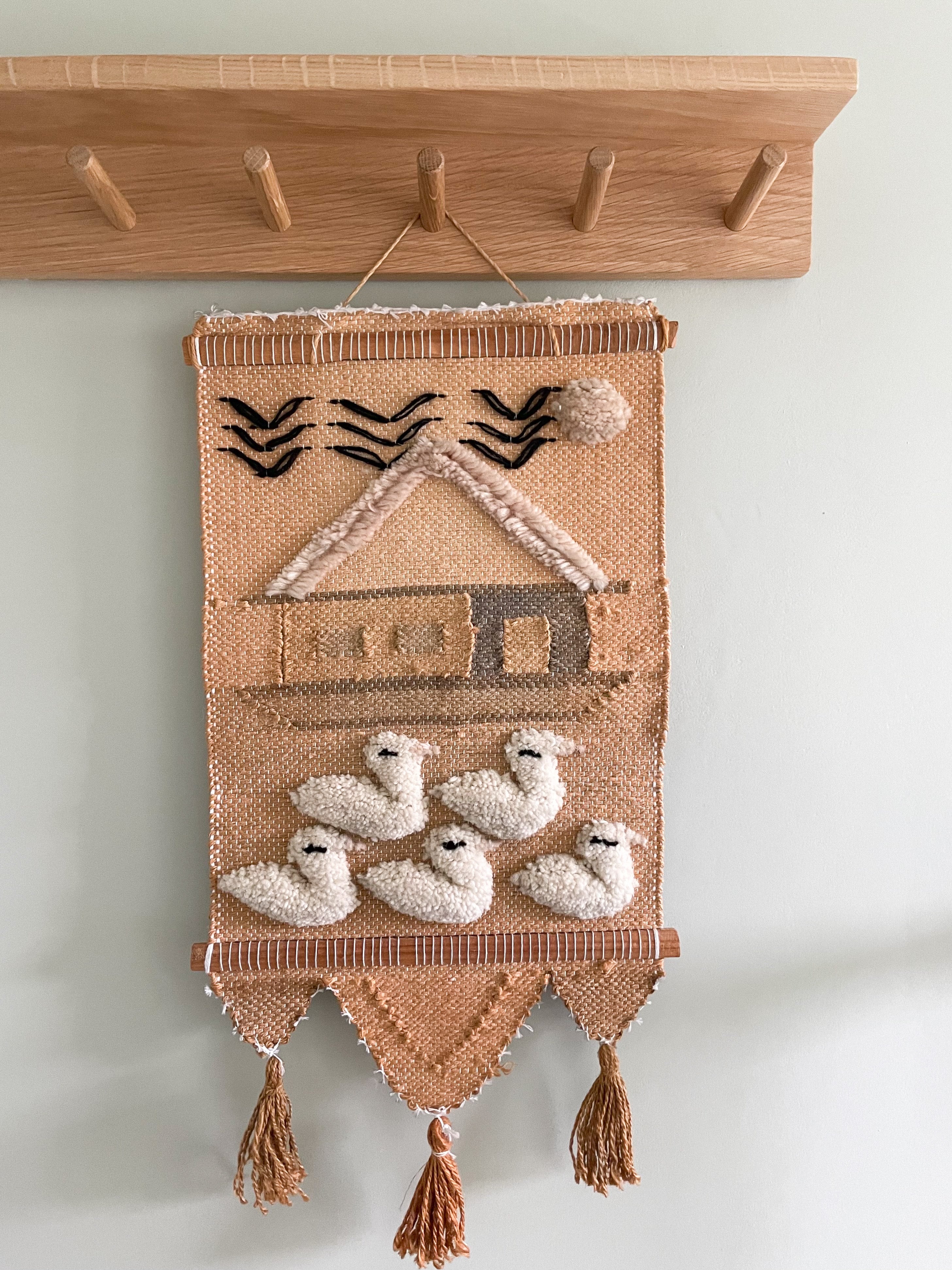 Vintage hand-woven Peruvian folk art wall hanging tapestry of a ducks and a house boat, neutral - Moppet
