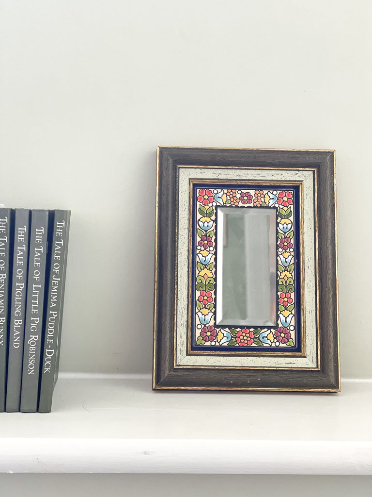 Vintage handmade Spanish Cearco ceramic, enamelled and wood-framed floral mirror - Moppet