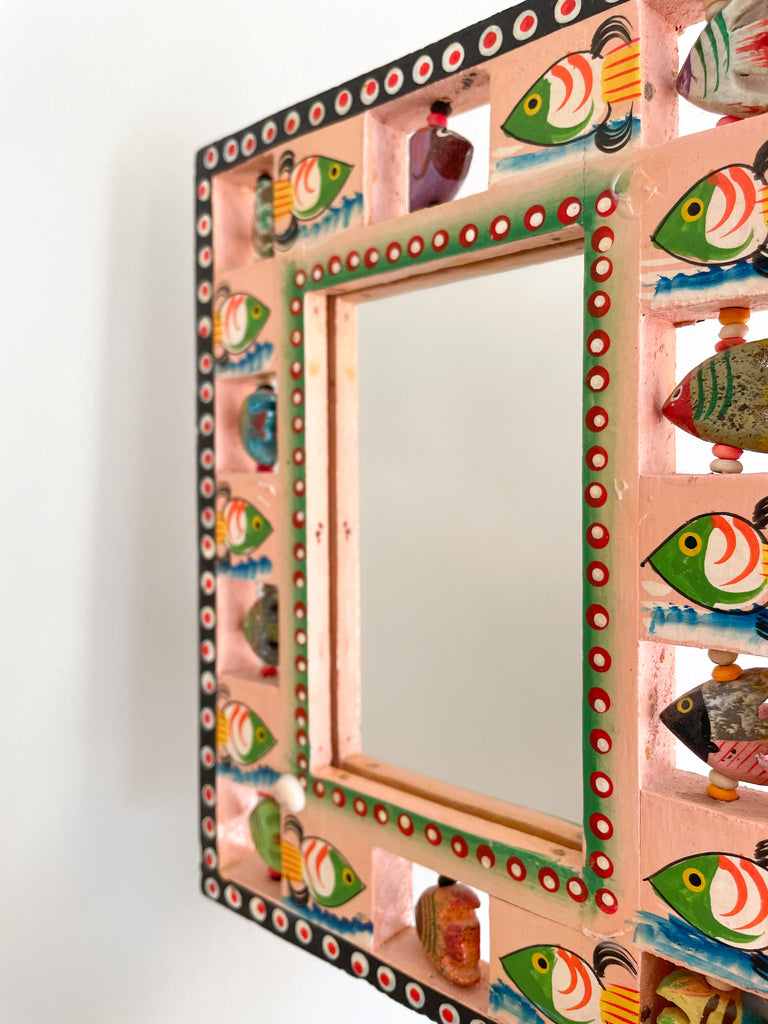 Vintage hand-painted folk art mirror with hand-carved fish frame - Moppet