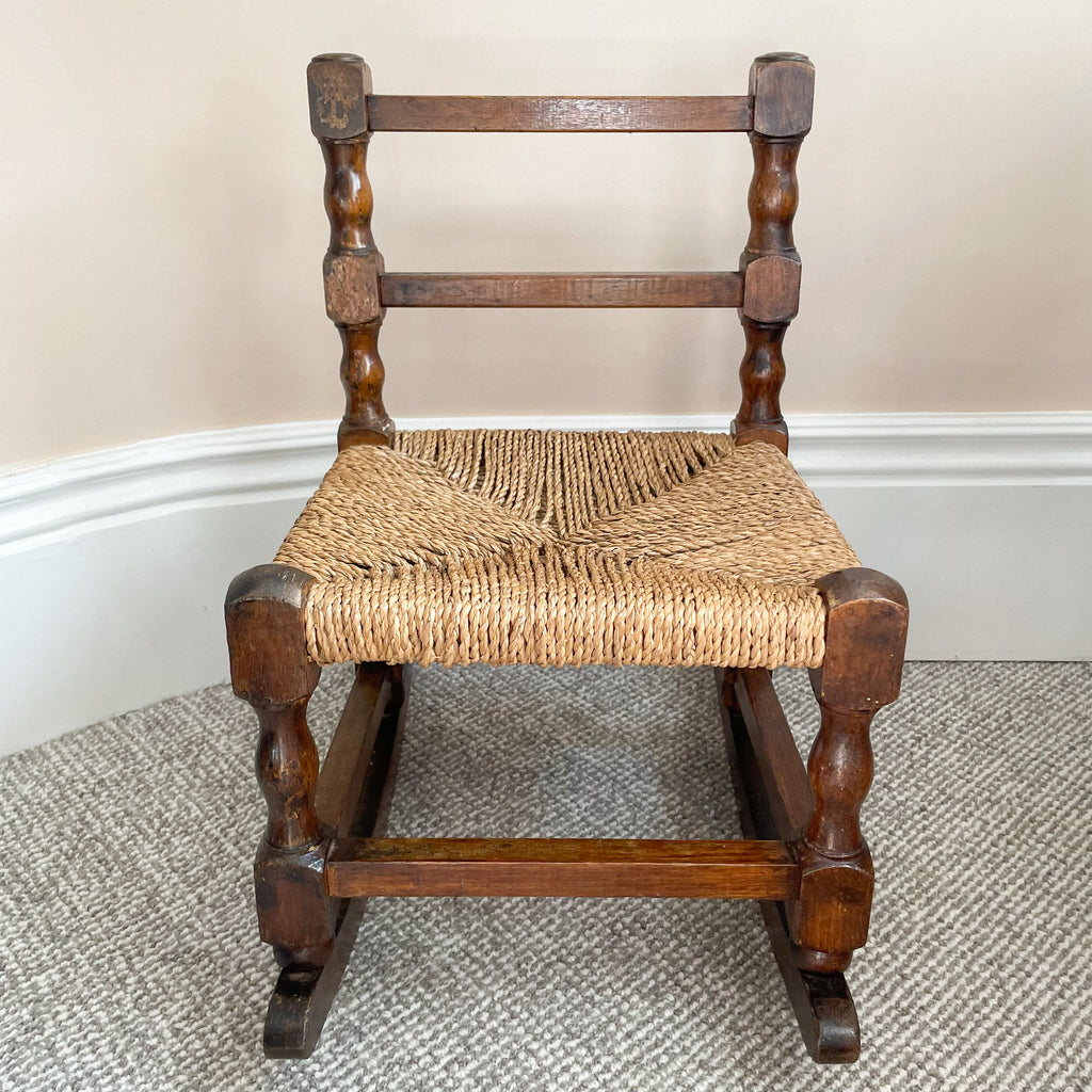 Vintage 1950s children’s rocking chair with rush rope seat - Moppet