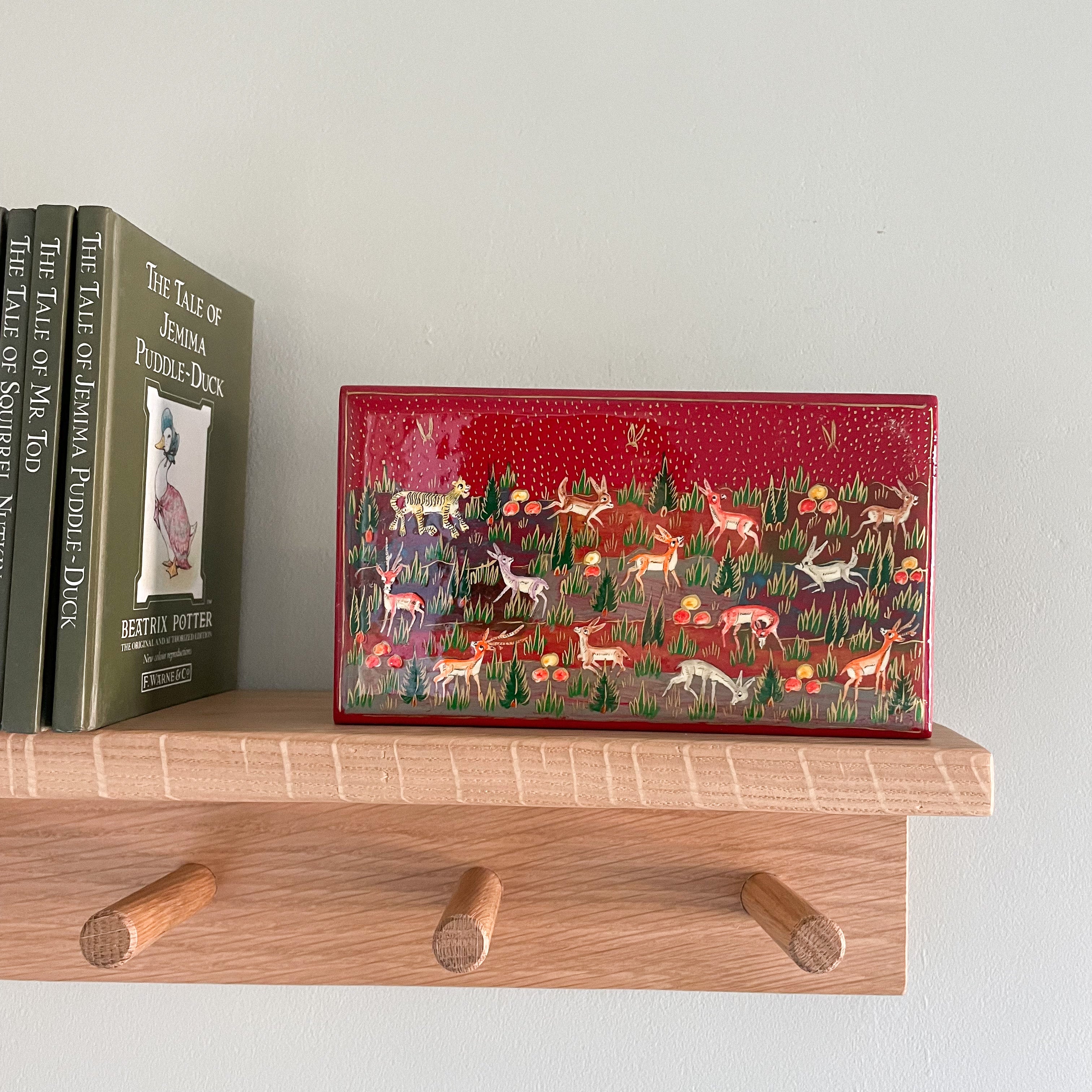 Kashmiri hand-painted folk art papier maché lacquered trinket box with jungle animals design | red - Moppet