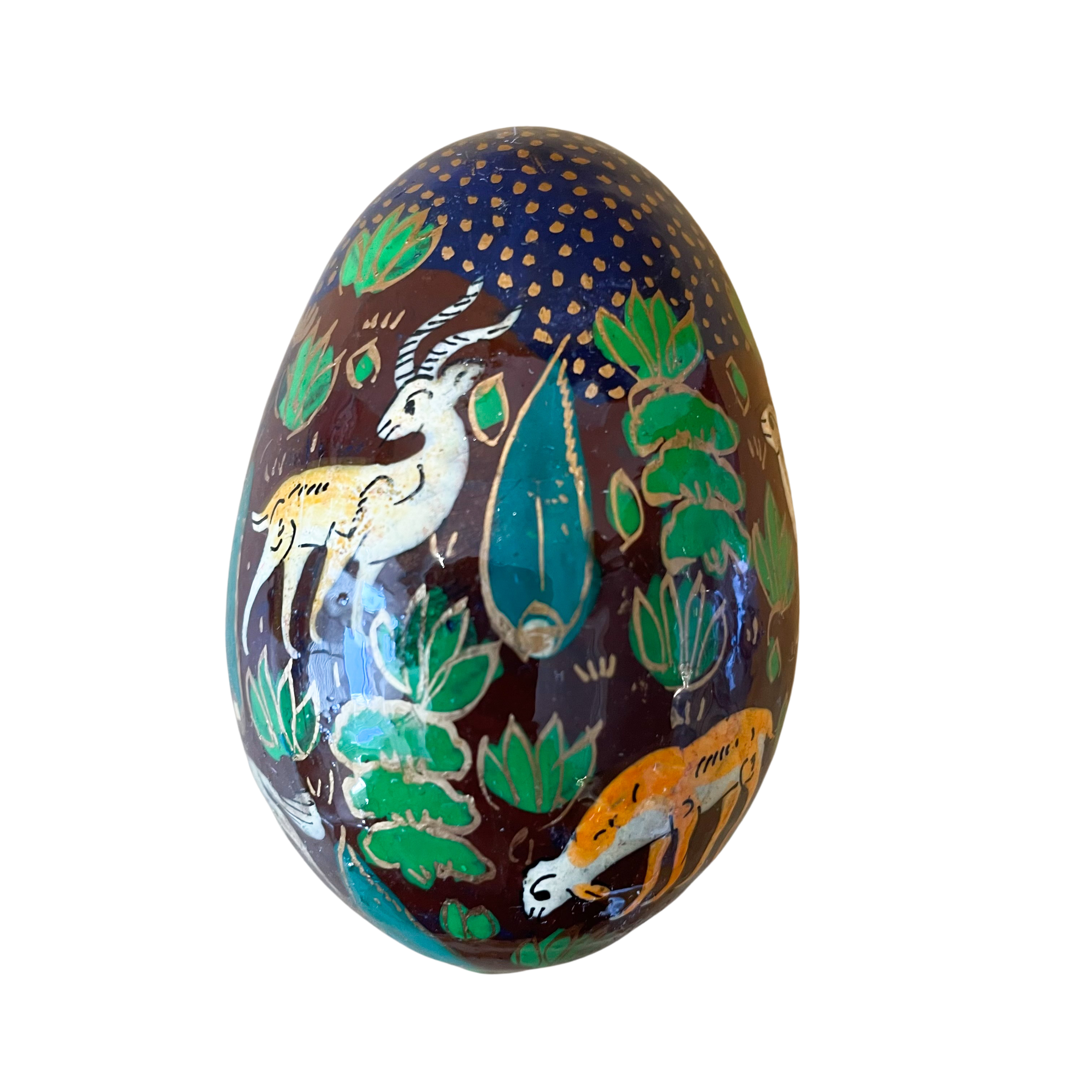 Kashmiri hand-painted folk art papier maché lacquered Easter egg with jungle animals design - Moppet