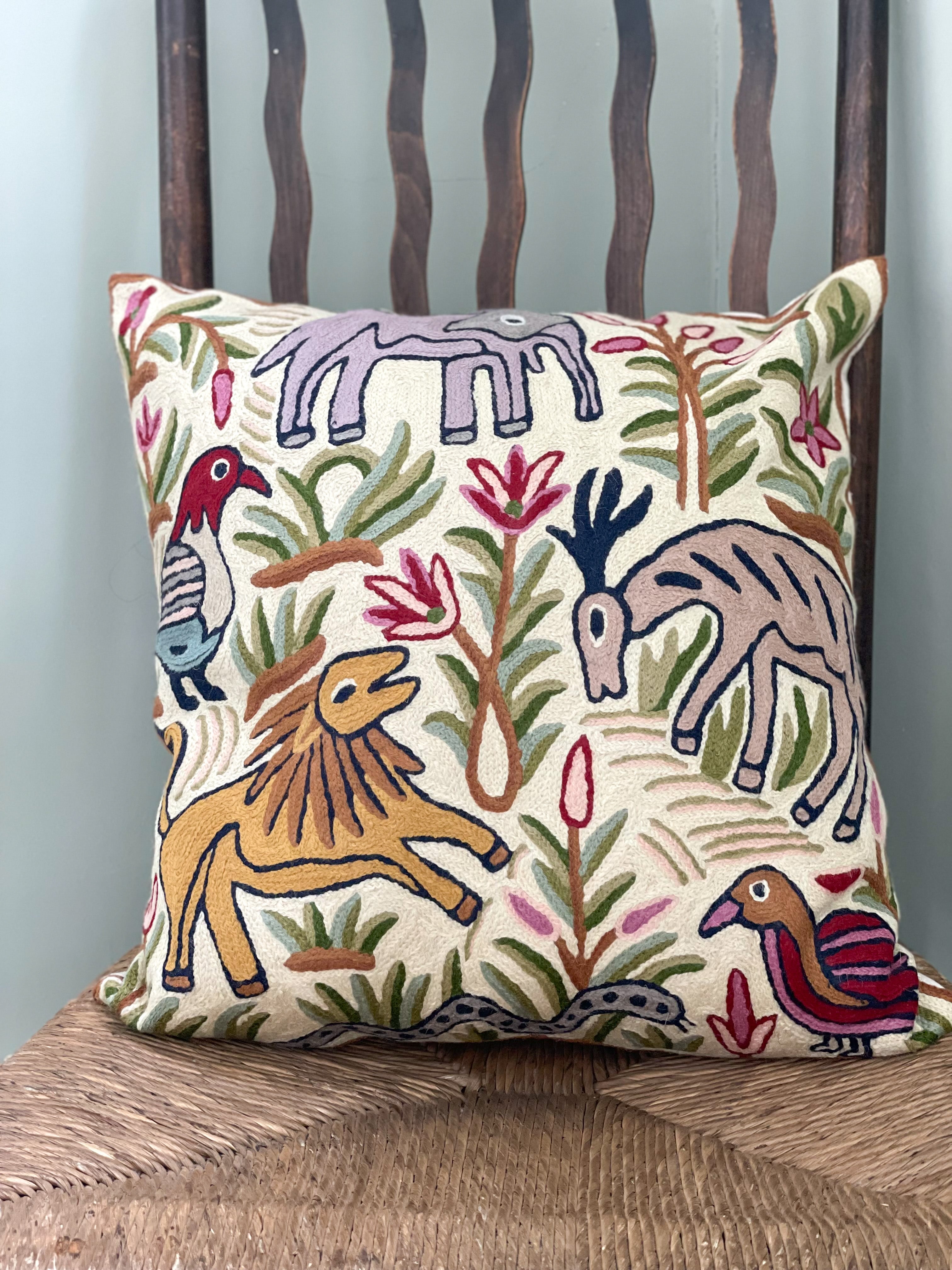 *NEW* Handmade crewel embroidered cushion cover | Kolahoi jungle safari - Moppet