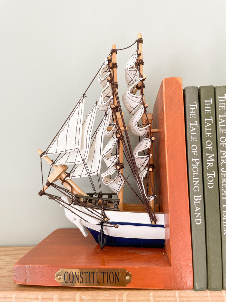 Pair of vintage wooden model sailing ship bookends - Moppet