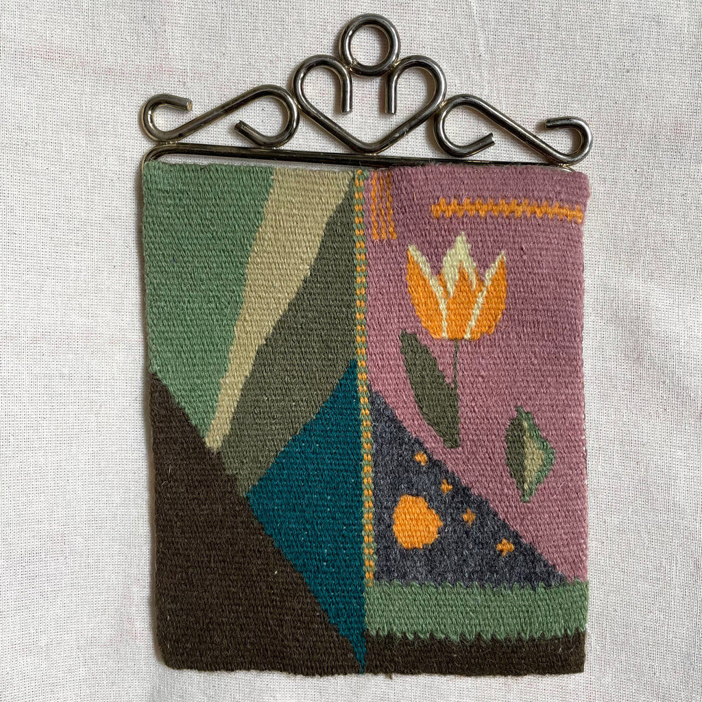 Vintage mid-century Swedish wall-hanging tapestry of tulip design, hand woven Flemish weave twist stitch - Moppet