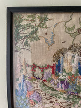 Load image into Gallery viewer, Vintage framed embroidery of a garden path and bird house / dove cote on a linen canvas - Moppet
