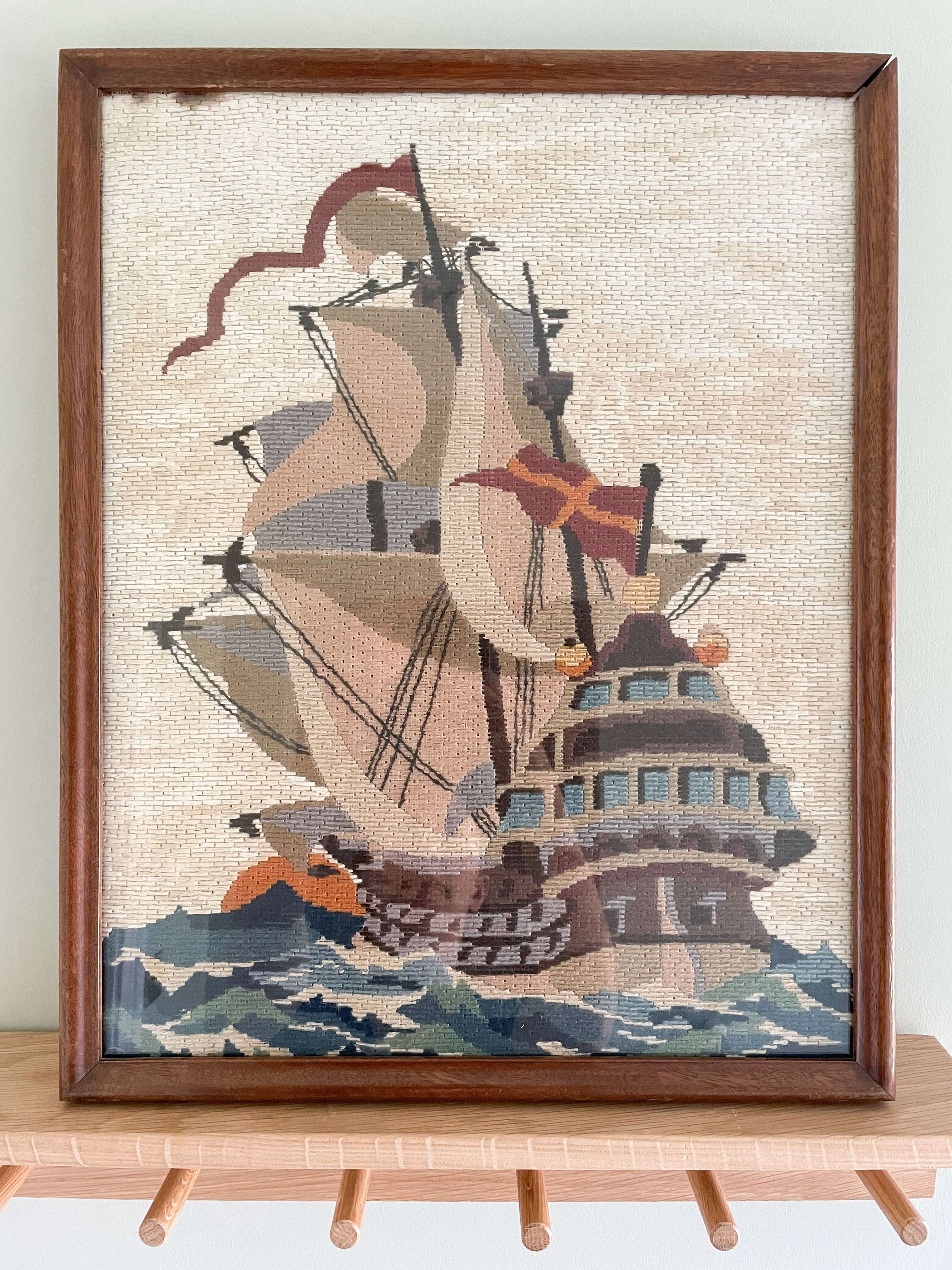 Vintage framed embroidery of a ship - Moppet