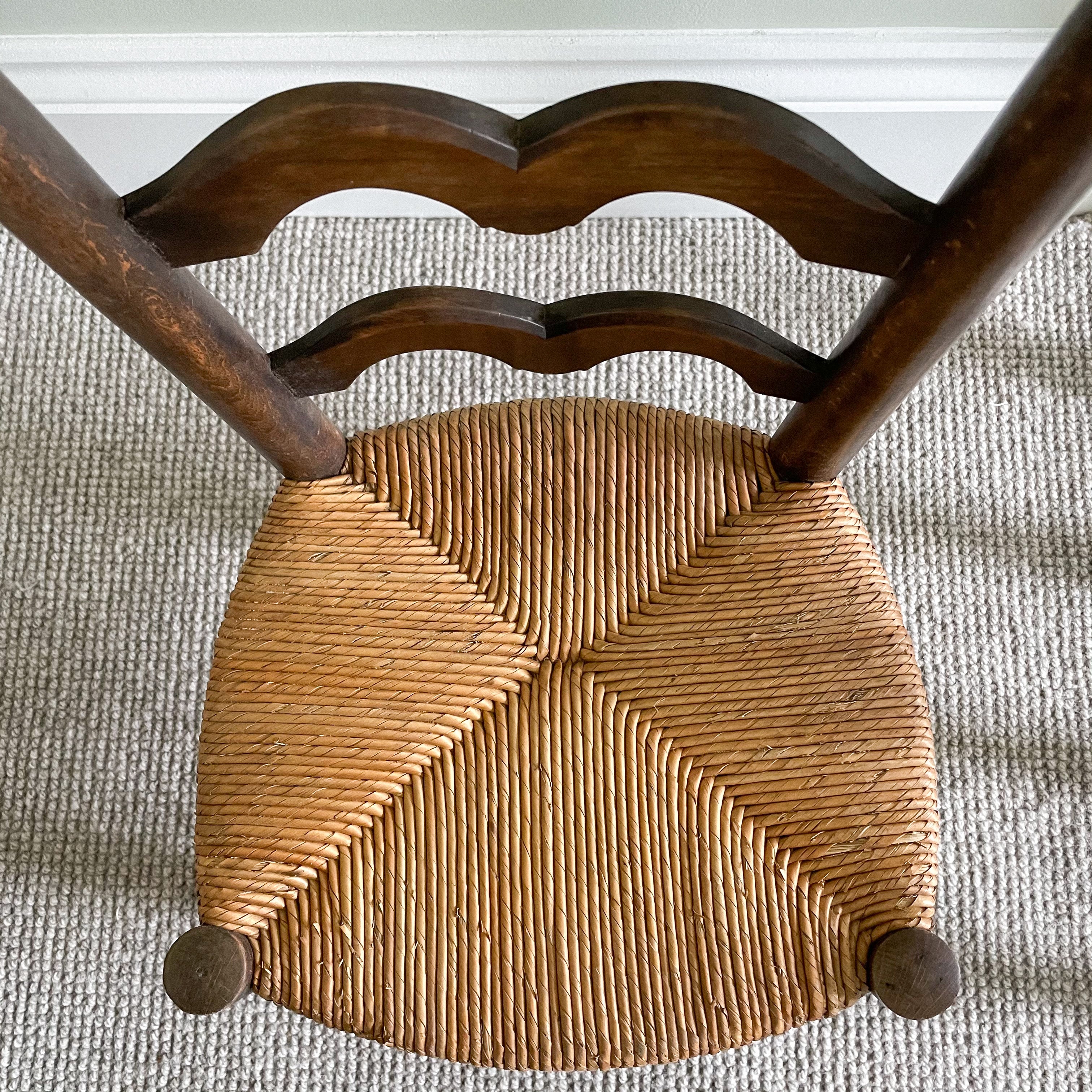 Vintage French wooden ladder-backed oak children's chair with rush seat - Moppet
