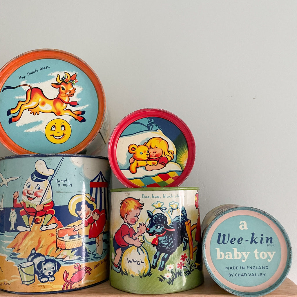 Vintage 1950s tinplate nesting and stacking cups with nursery rhymes, made by Chad Valley ‘Wee-Kin’ in England - Moppet