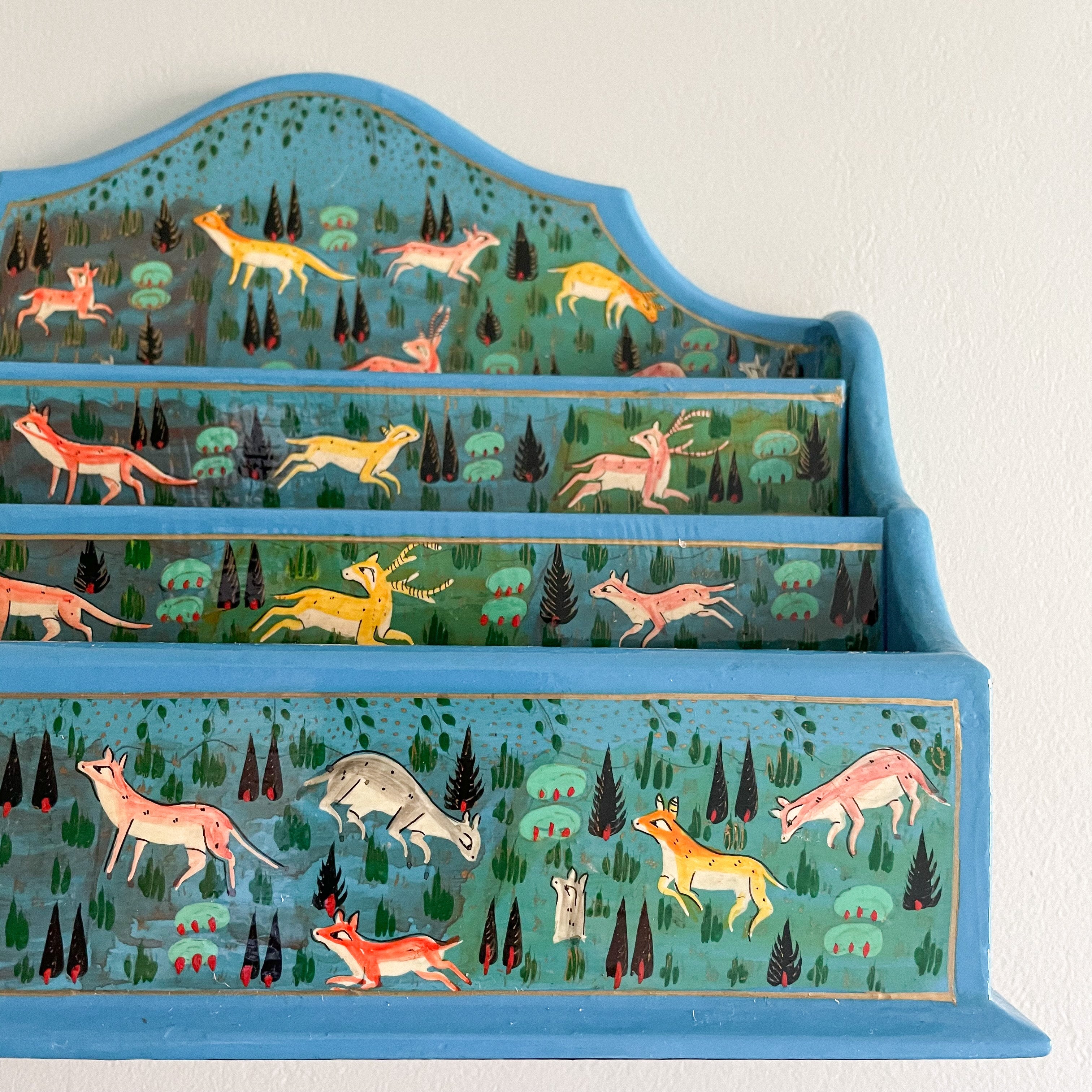 Kashmiri hand-painted folk art wooden lacquered letter rack with wavy edge and jungle animals design - Moppet