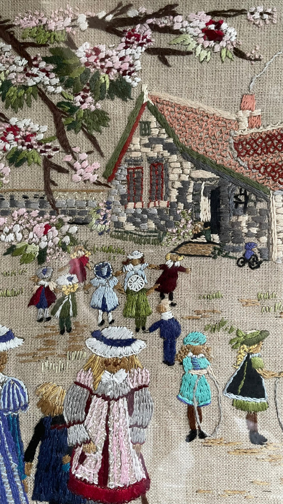 Vintage framed embroidery children playing in a school playground with blossom and spring flowers - Moppet