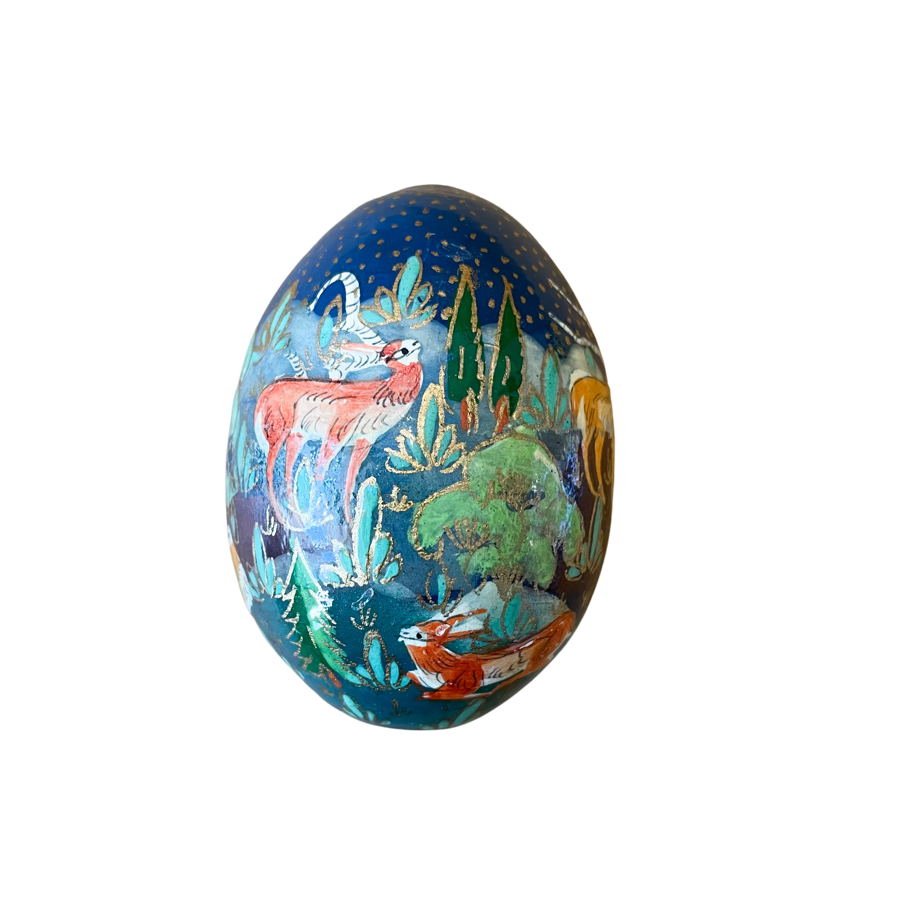 Kashmiri hand-painted folk art papier maché lacquered Easter egg with jungle animals design - Moppet