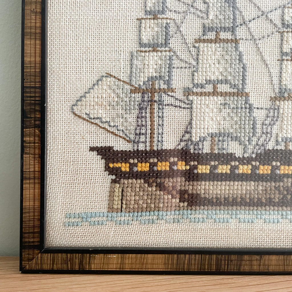 Vintage framed cross-stitch sampler of a ship - Moppet