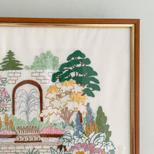 Load image into Gallery viewer, Vintage framed children&#39;s embroidery or needlework of a garden fountain - Moppet
