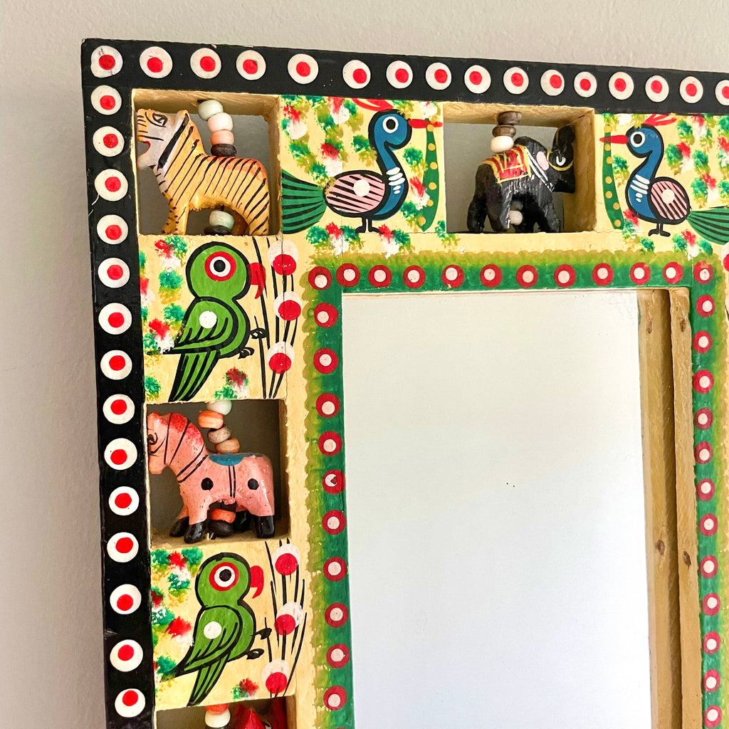 Vintage hand-painted folk art mirror with hand-carved animal frame - Moppet
