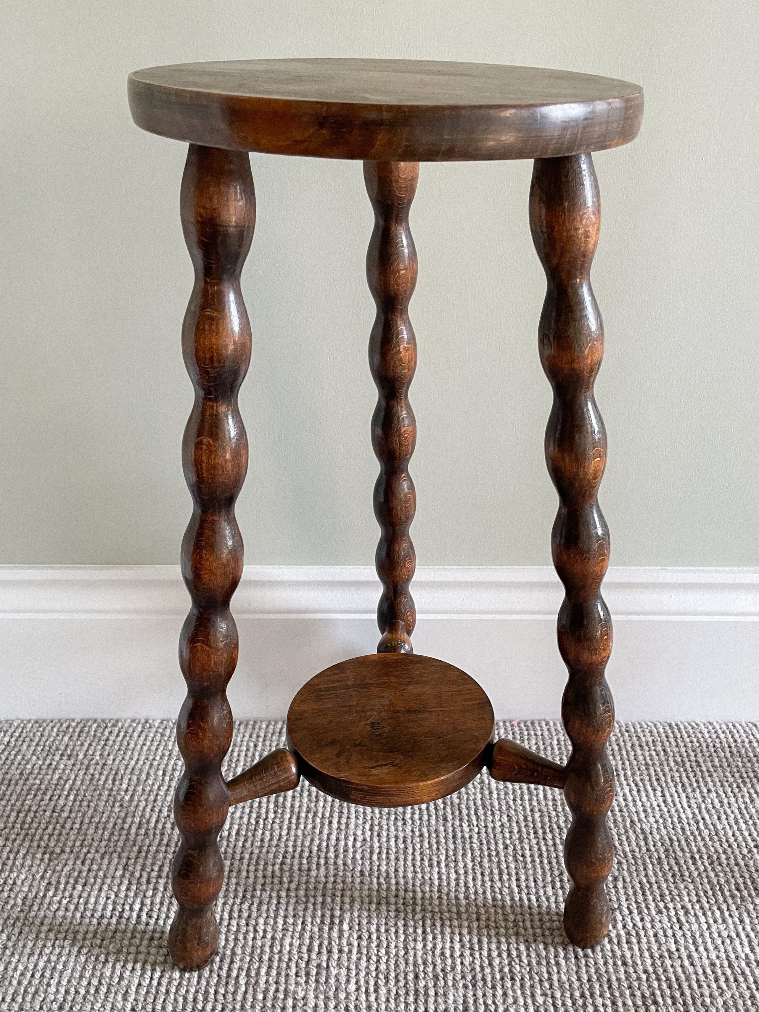 Vintage wooden French oak bobbin legged side table or high stool - Moppet