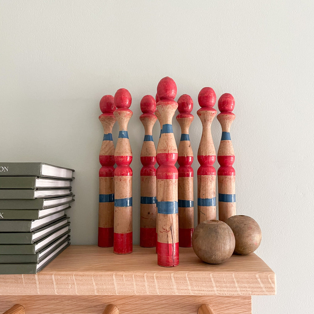 Vintage French wooden skittles in red and blue stripes - Moppet