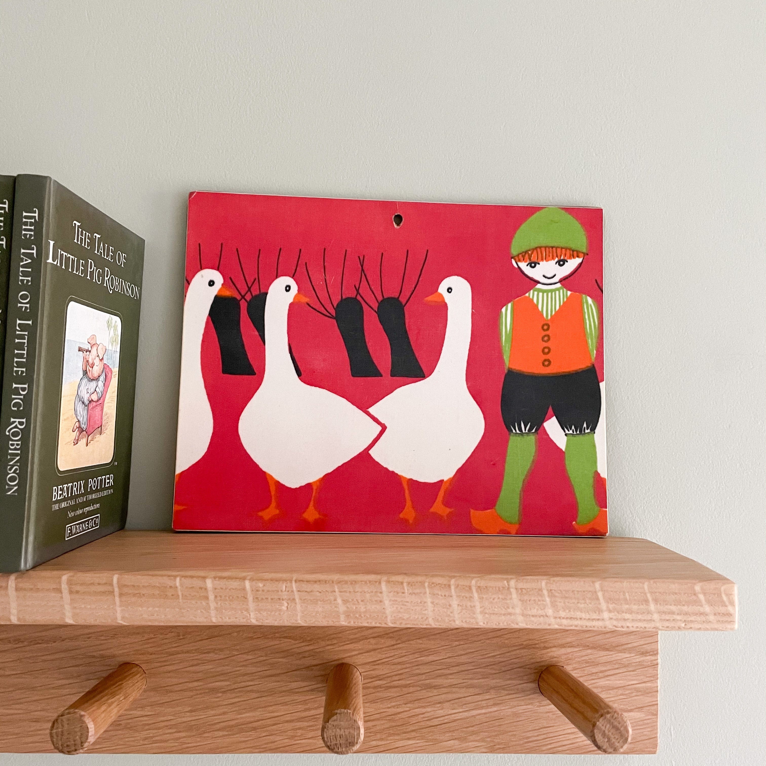 Vintage folk art wooden wall plaque of boy and geese (red & green) - Moppet
