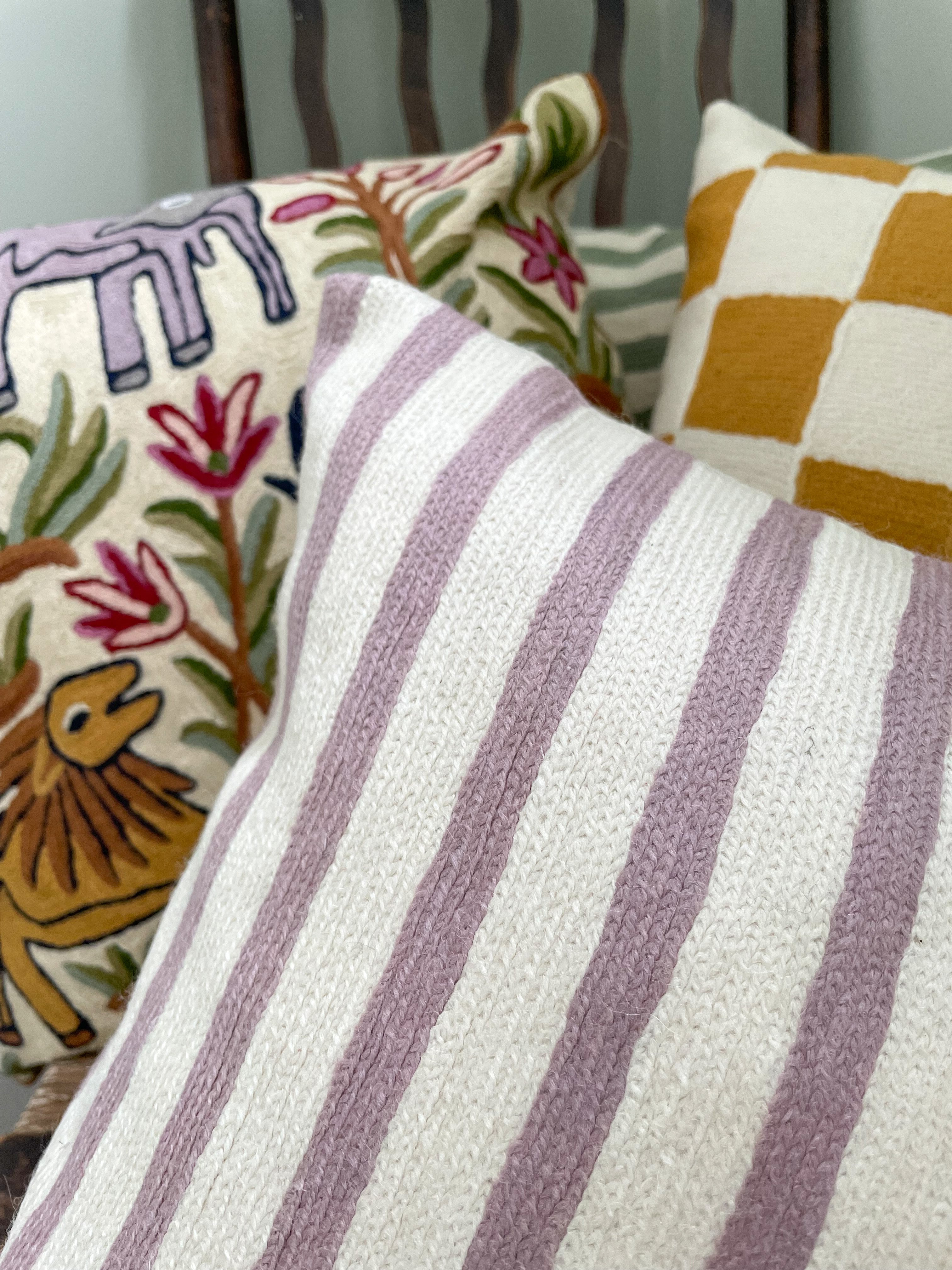 *NEW* Handmade crewel embroidered cushion cover | lilac stripe - Moppet