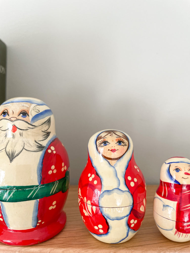 Vintage wooden Father Christmas Santa, Snowman and Christmas Tree nesting Russian Matryoshka dolls - Moppet