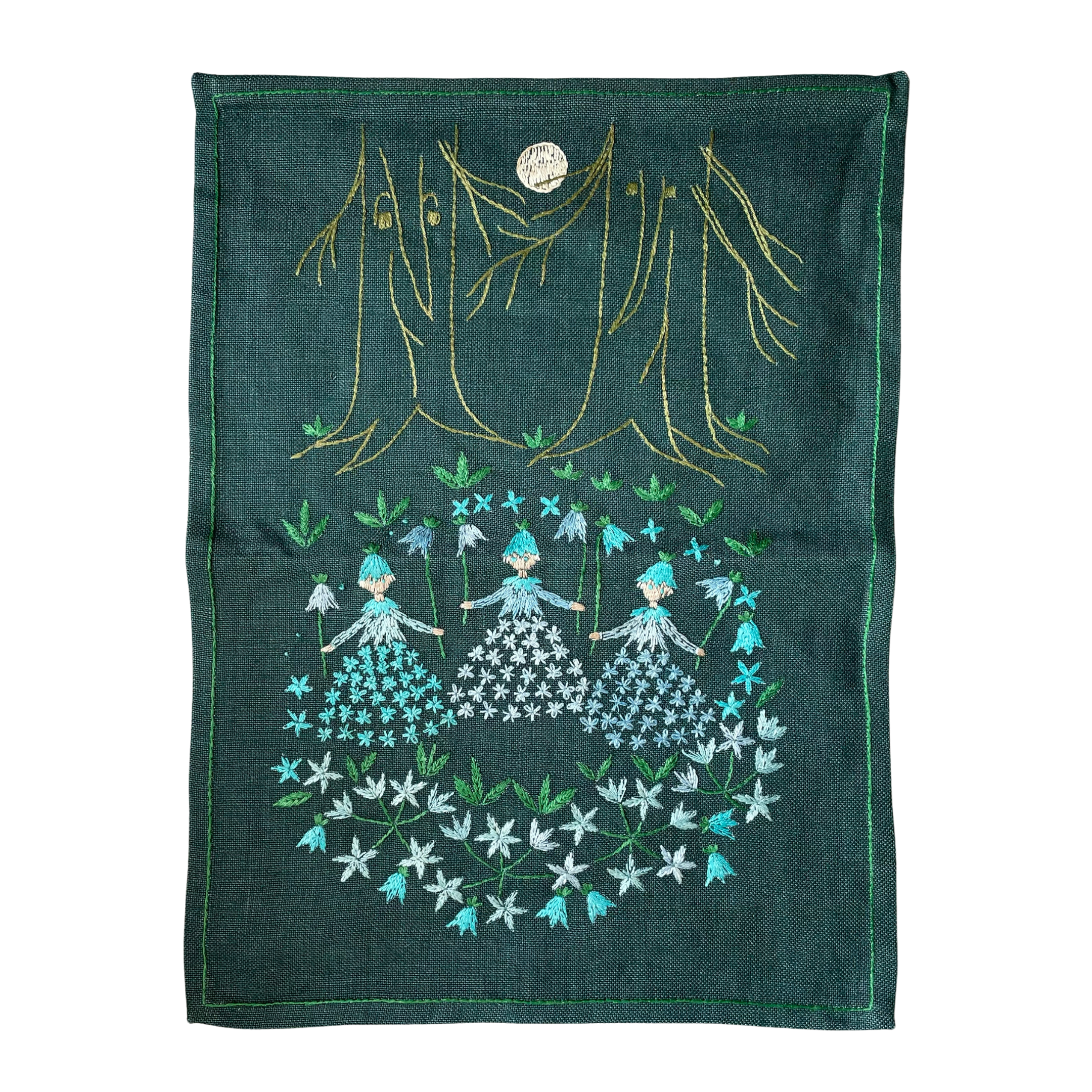 Vintage Swedish hand-embroidered wall hanging of woodland flower fairies - Moppet