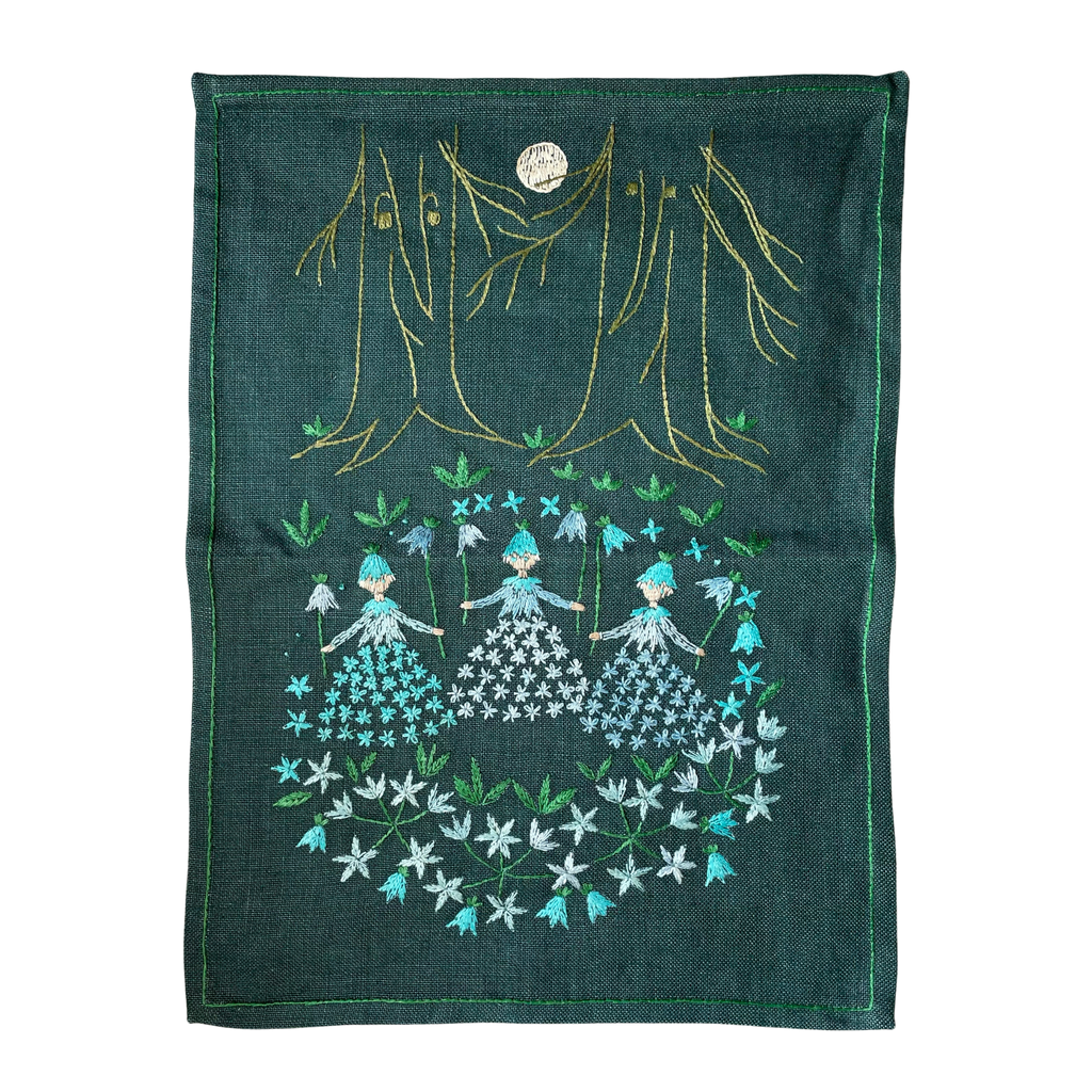 Vintage Swedish hand-embroidered wall hanging of woodland flower fairies - Moppet