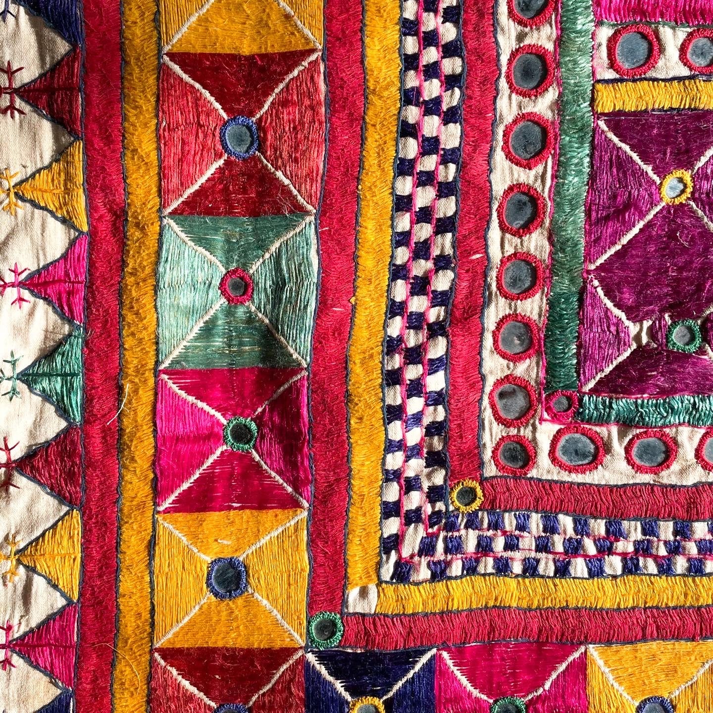 Vintage handmade Indian folk art embroidered cotton wall hanging or throw - Moppet