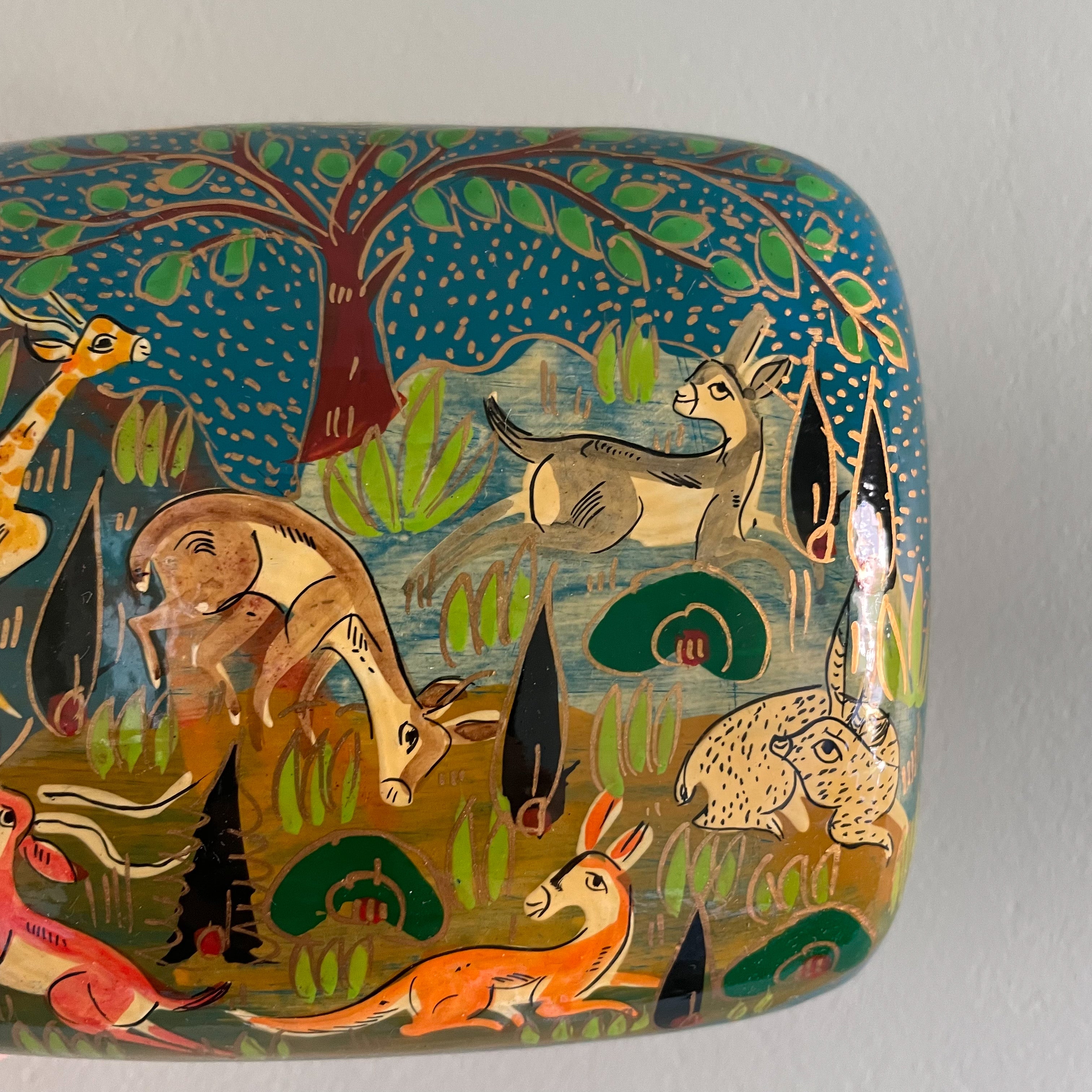 Kashmiri hand-painted folk art papier maché lacquered trinket box with jungle animals design | large animals - Moppet
