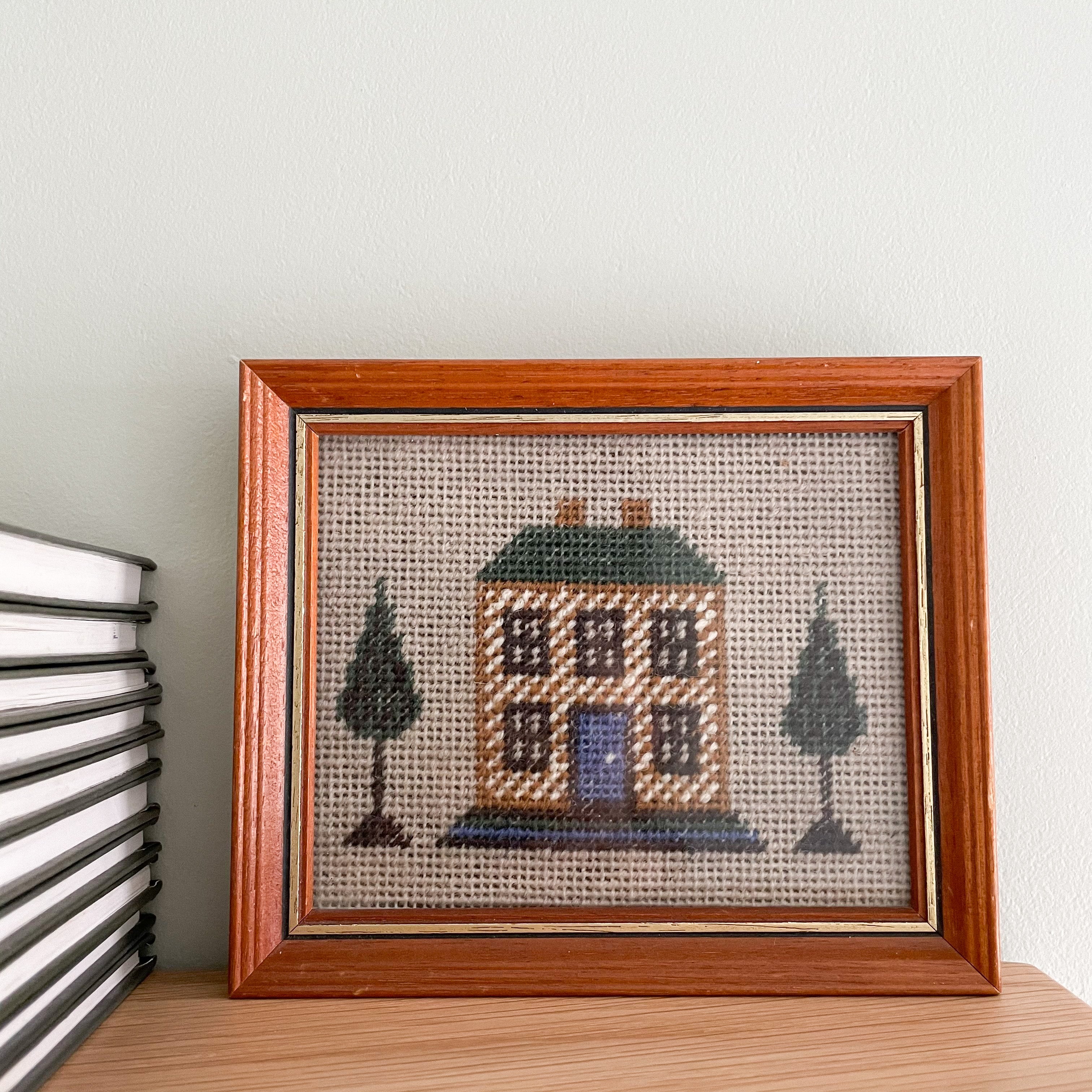 Vintage cross stitch sampler featuring a house, nursery children's room wall art - Moppet