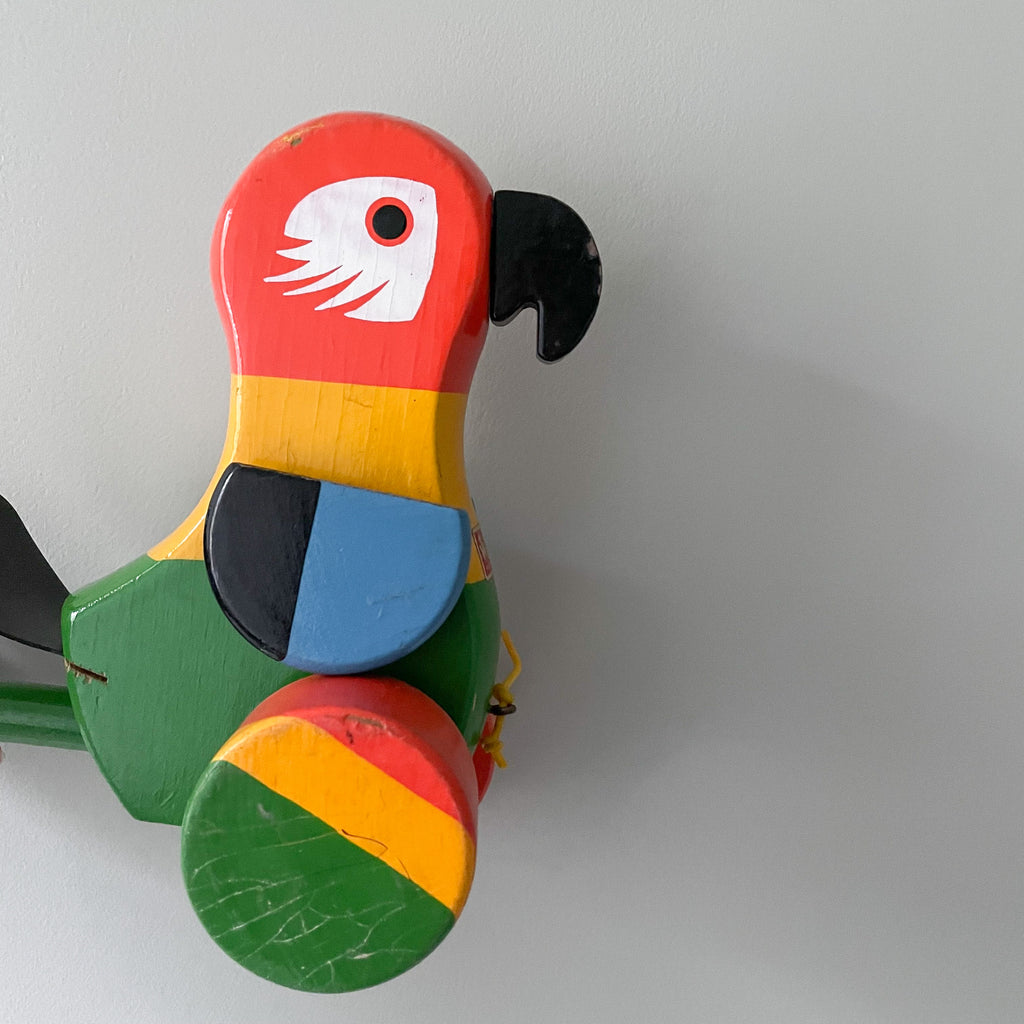 Vintage German wooden pull-along parrot toy by Walter - Moppet