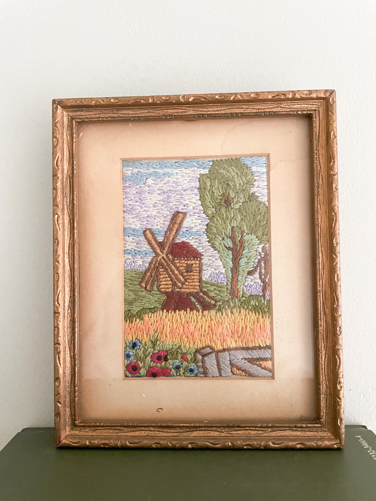 Vintage framed embroidery of a Dutch windmill and corn and poppy field - Moppet