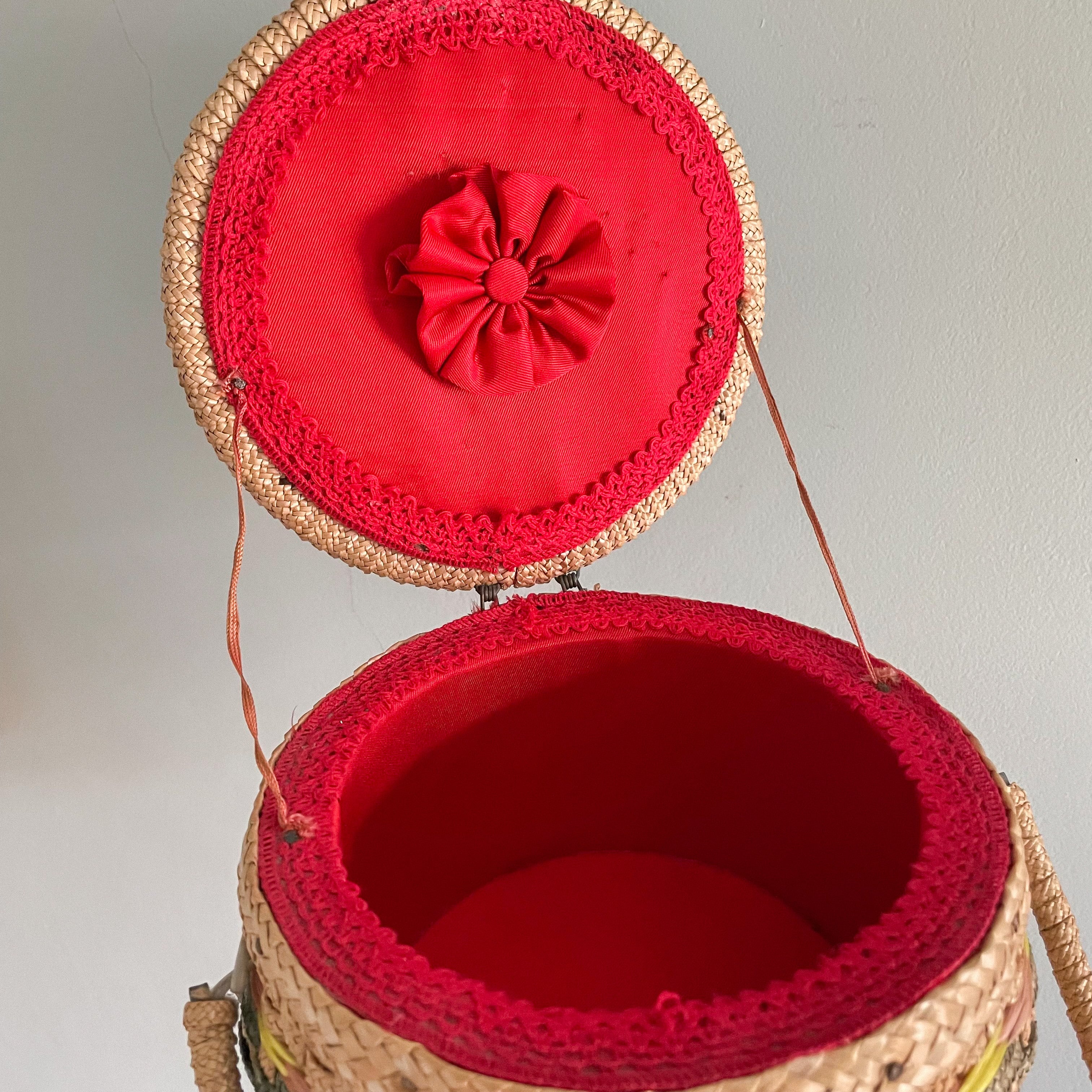 Vintage spring / Easter floral woven straw basket, formerly a sewing basket - Moppet