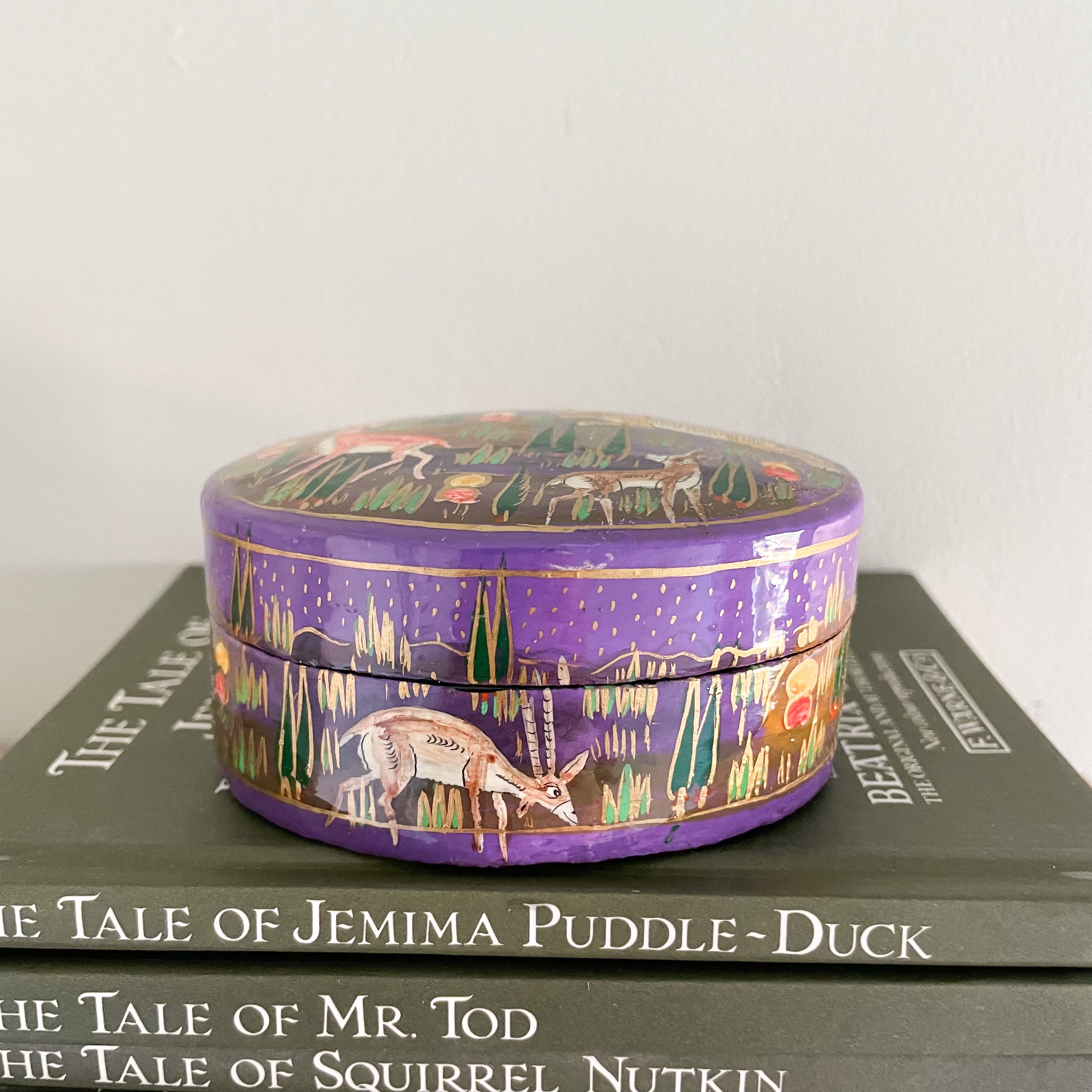 Kashmiri hand-painted folk art papier maché lacquered trinket box or pin box with jungle animals design - Moppet