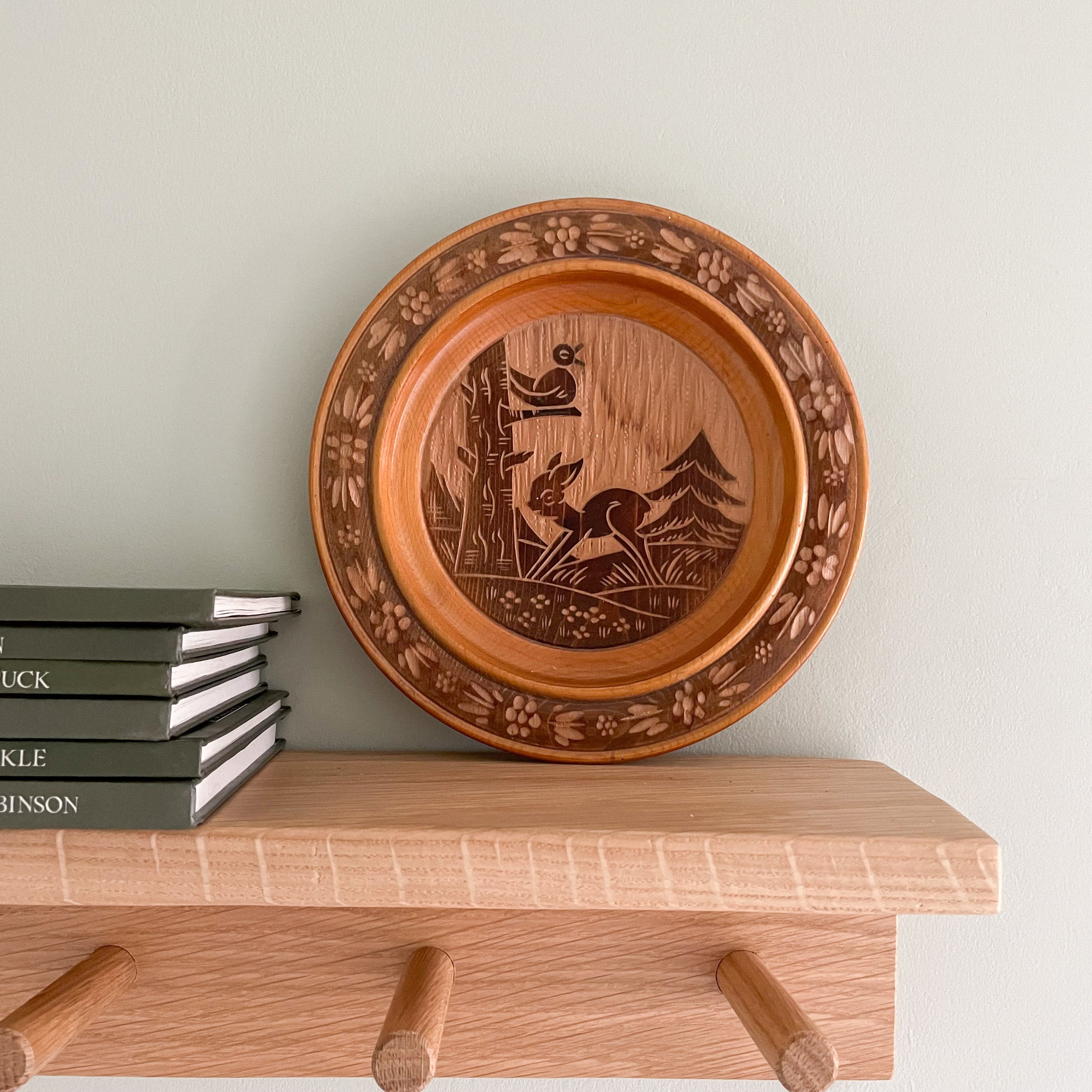 Vintage wooden wall-hanging plate, hand carved with fawn and bird woodland scene, Austrian or German - Moppet