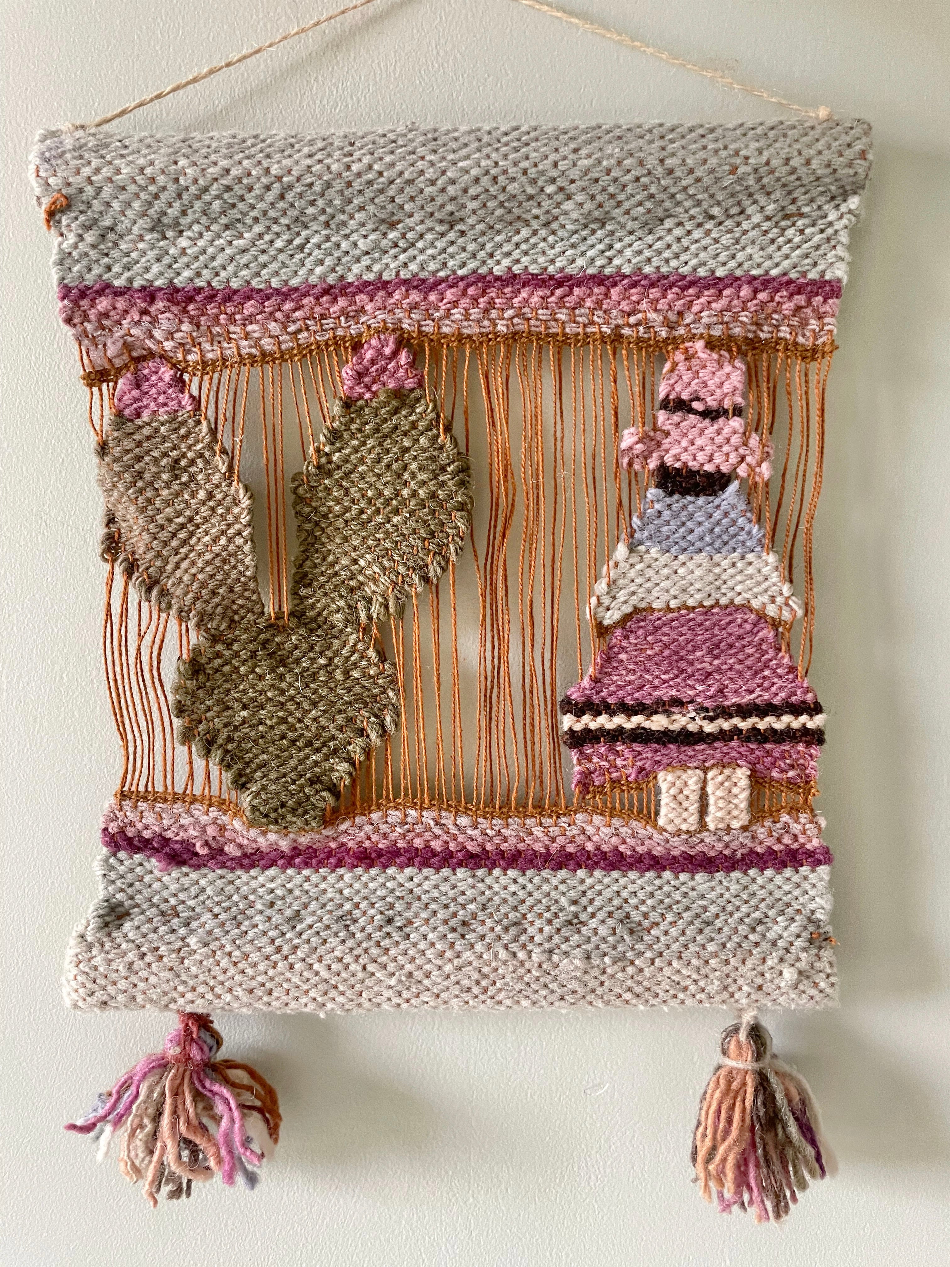 Vintage handcrafted woollen wall hanging tapestry from Peru, woman with cactus in pinks, blue and green - Moppet