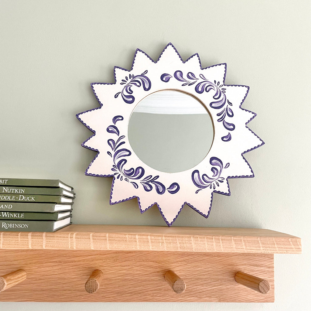 Vintage wooden hand-painted lilac and white mirror in sun, sunburst or star shape - Moppet