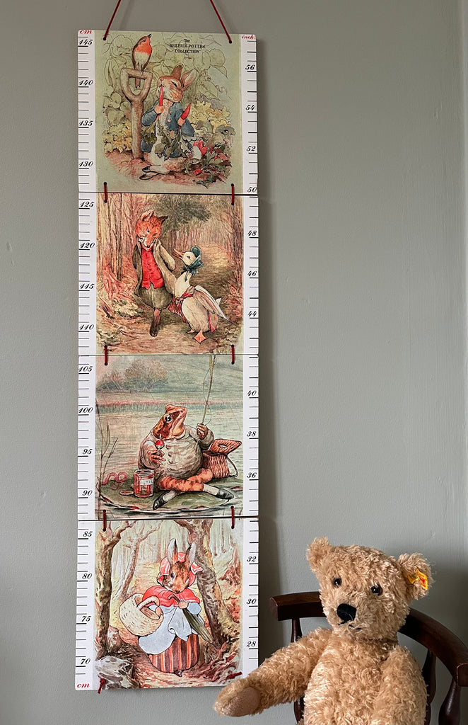 Vintage Beatrix Potter wooden height chart / growth chart / measuring stick, feat. Peter Rabbit, Jemima Puddle Duck, by Italian toy brand Sevi 1831 - Moppet