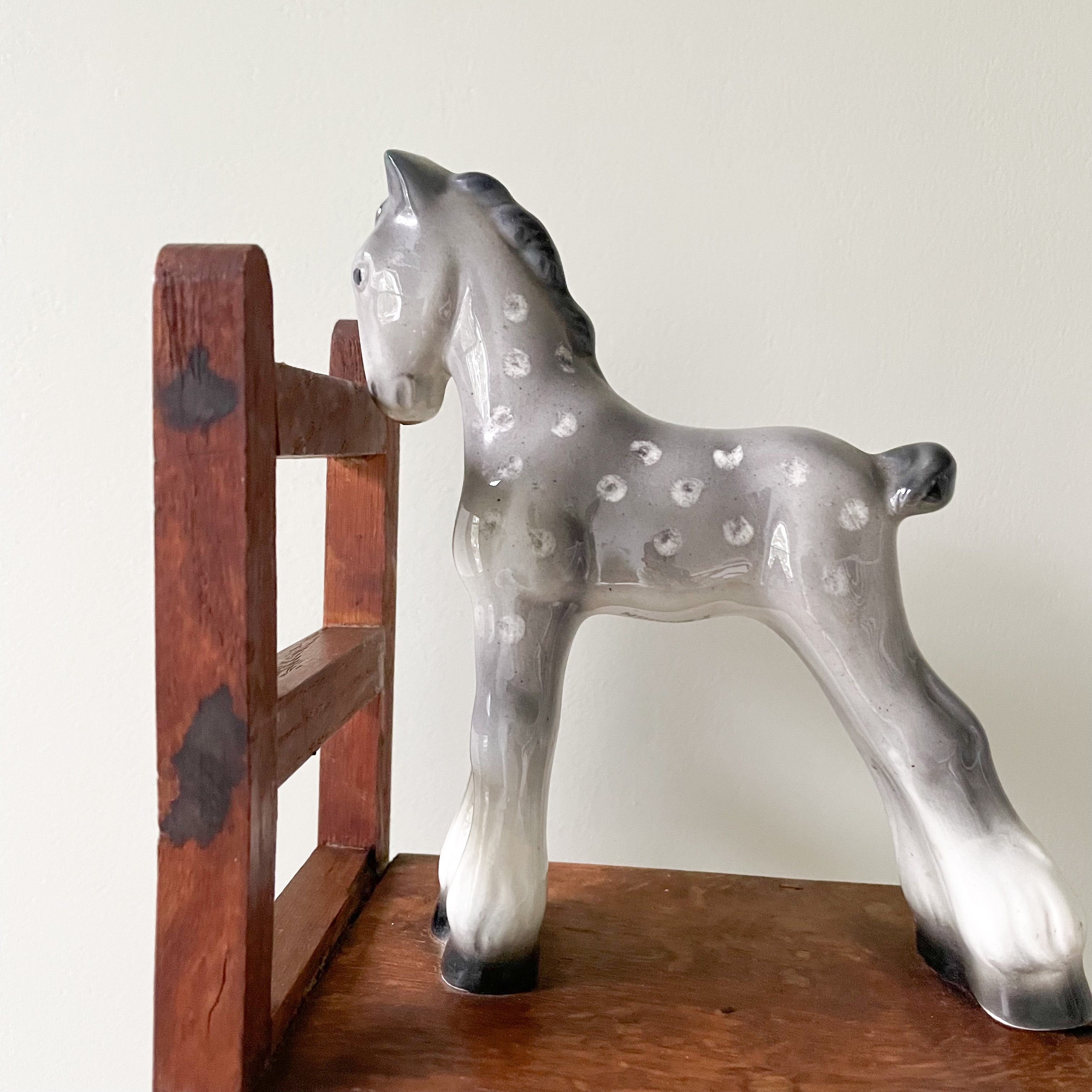 Pair of rare vintage 1960s ceramic china and wooden grey spotty pony/horse/foal bookends - Moppet