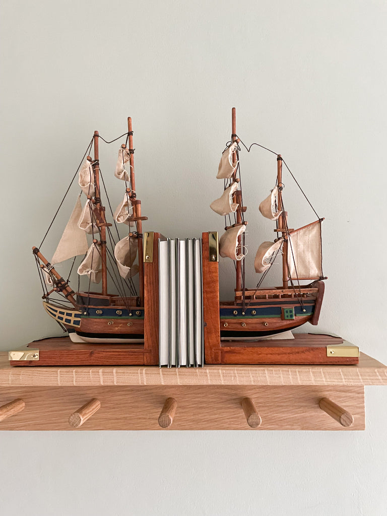 Pair of vintage wooden model sailing ship bookends - Moppet