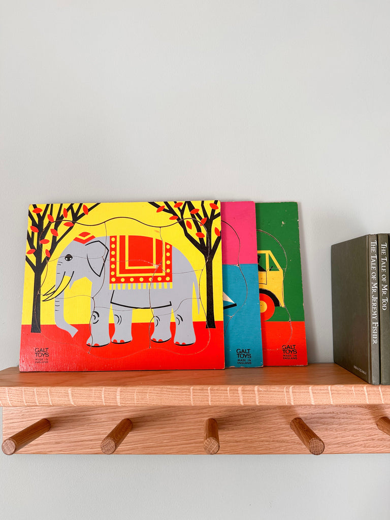 Vintage wooden elephant jigsaw puzzle, red and yellow, made in England by GALT - Moppet