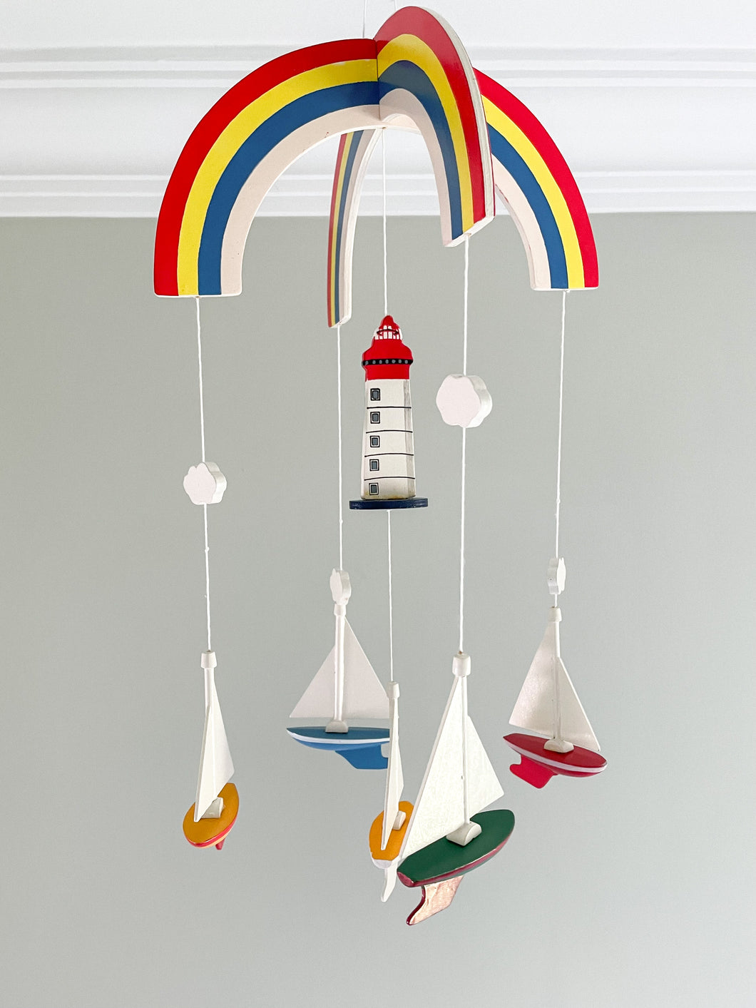 Vintage wooden mobile featuring rainbow, lighthouse and sailing boats/yachts - Moppet