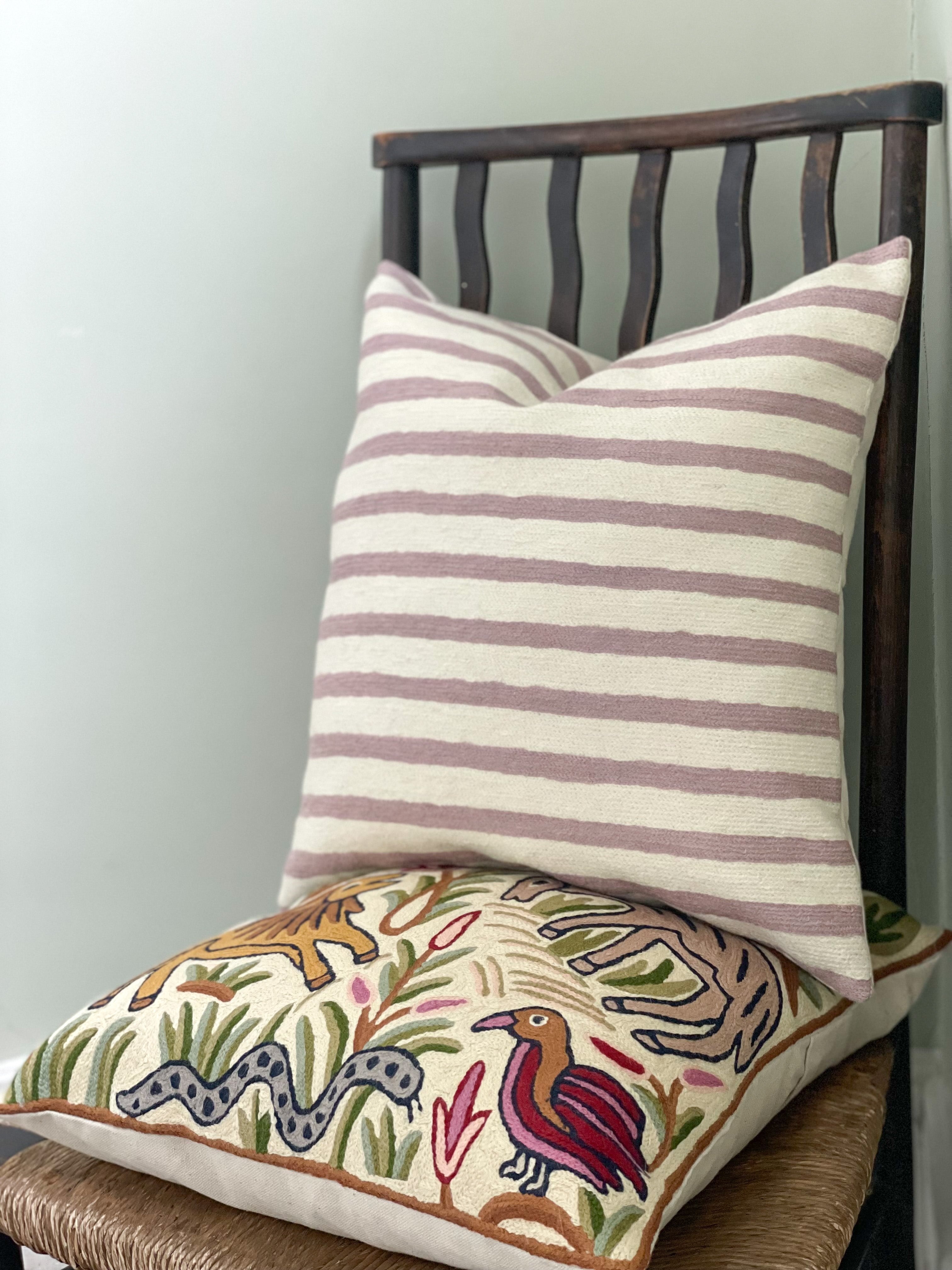 *NEW* Handmade crewel embroidered cushion cover | lilac stripe - Moppet