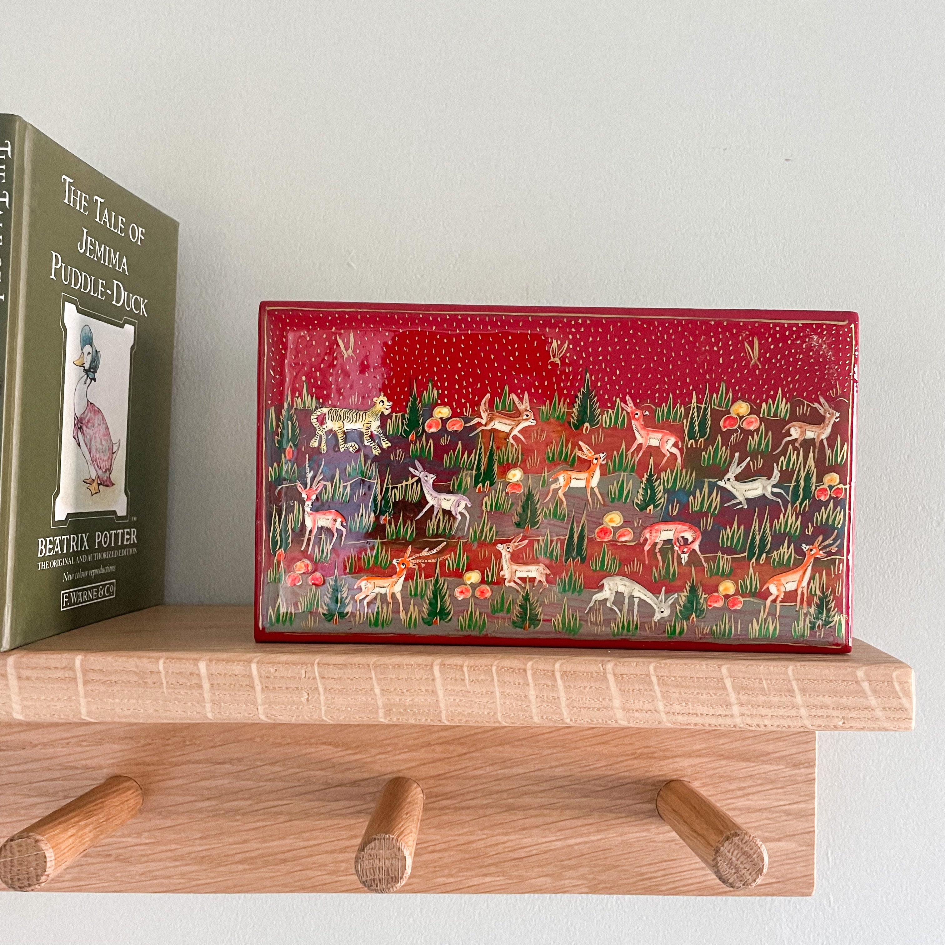 Kashmiri hand-painted folk art papier maché lacquered trinket box with jungle animals design | red - Moppet