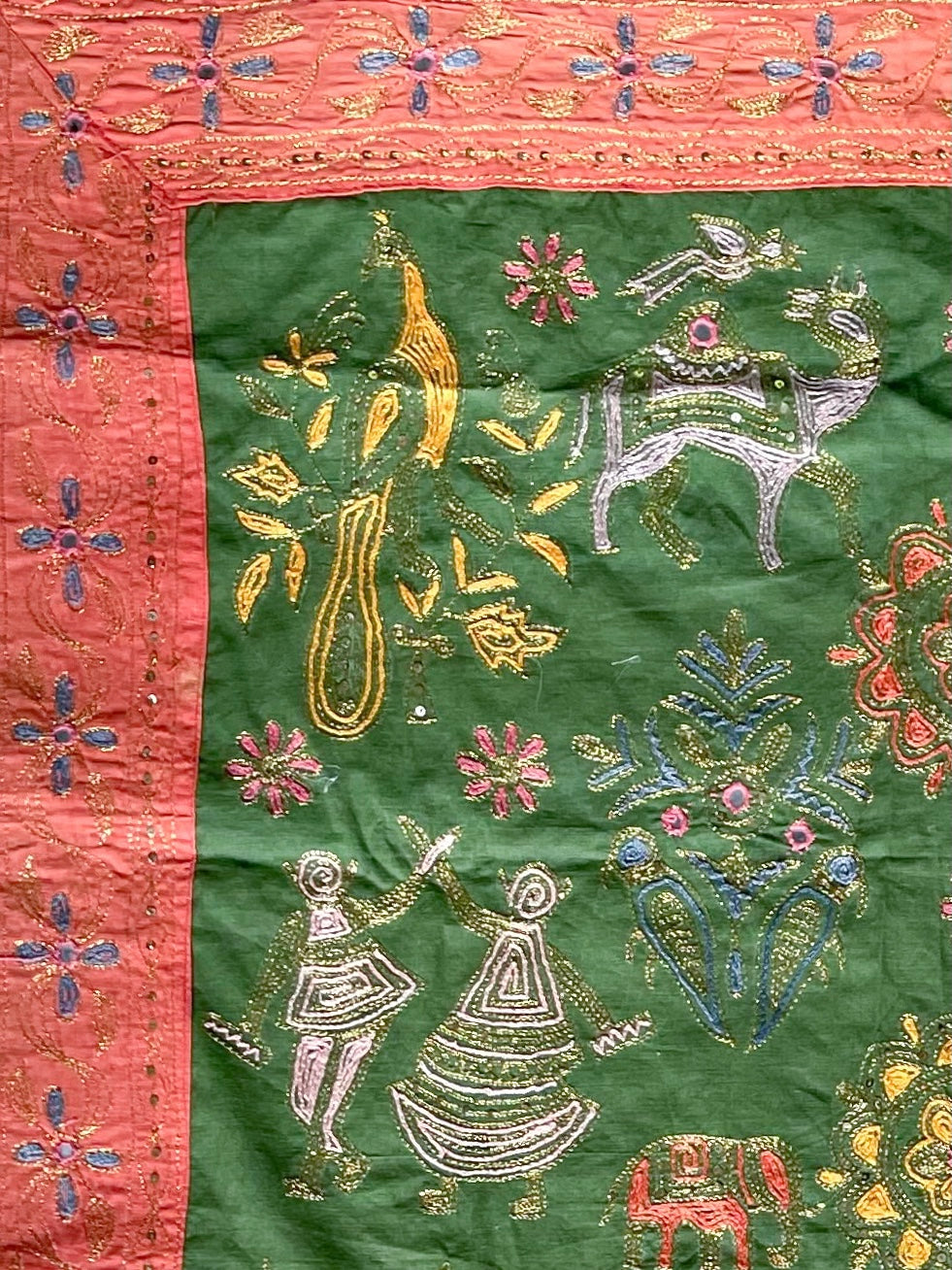 Vintage handmade Indian folk art embroidered cotton wall hanging or throw - Moppet