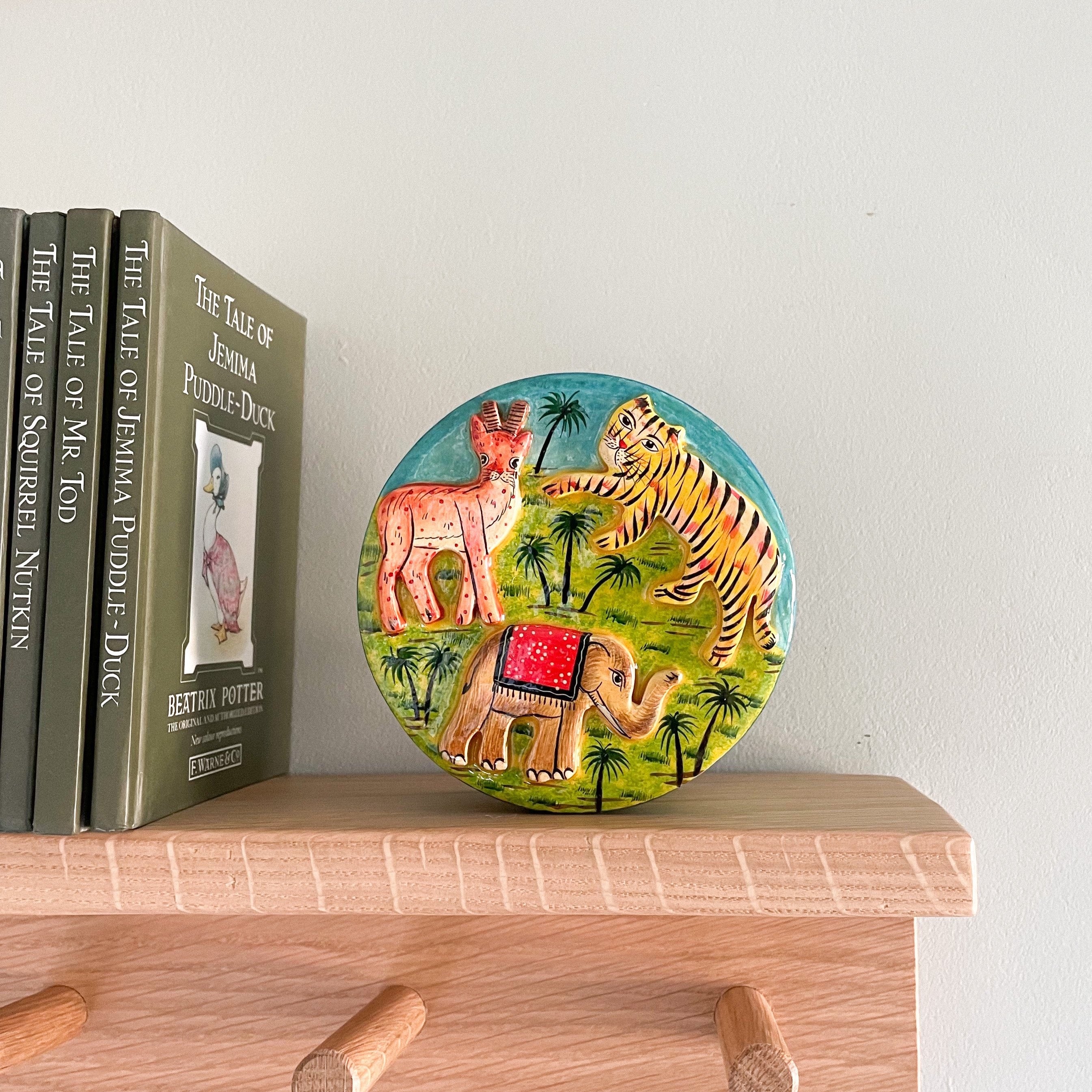 Kashmiri hand-painted folk art embossed papier maché lacquered trinket box with jungle animals design - Moppet